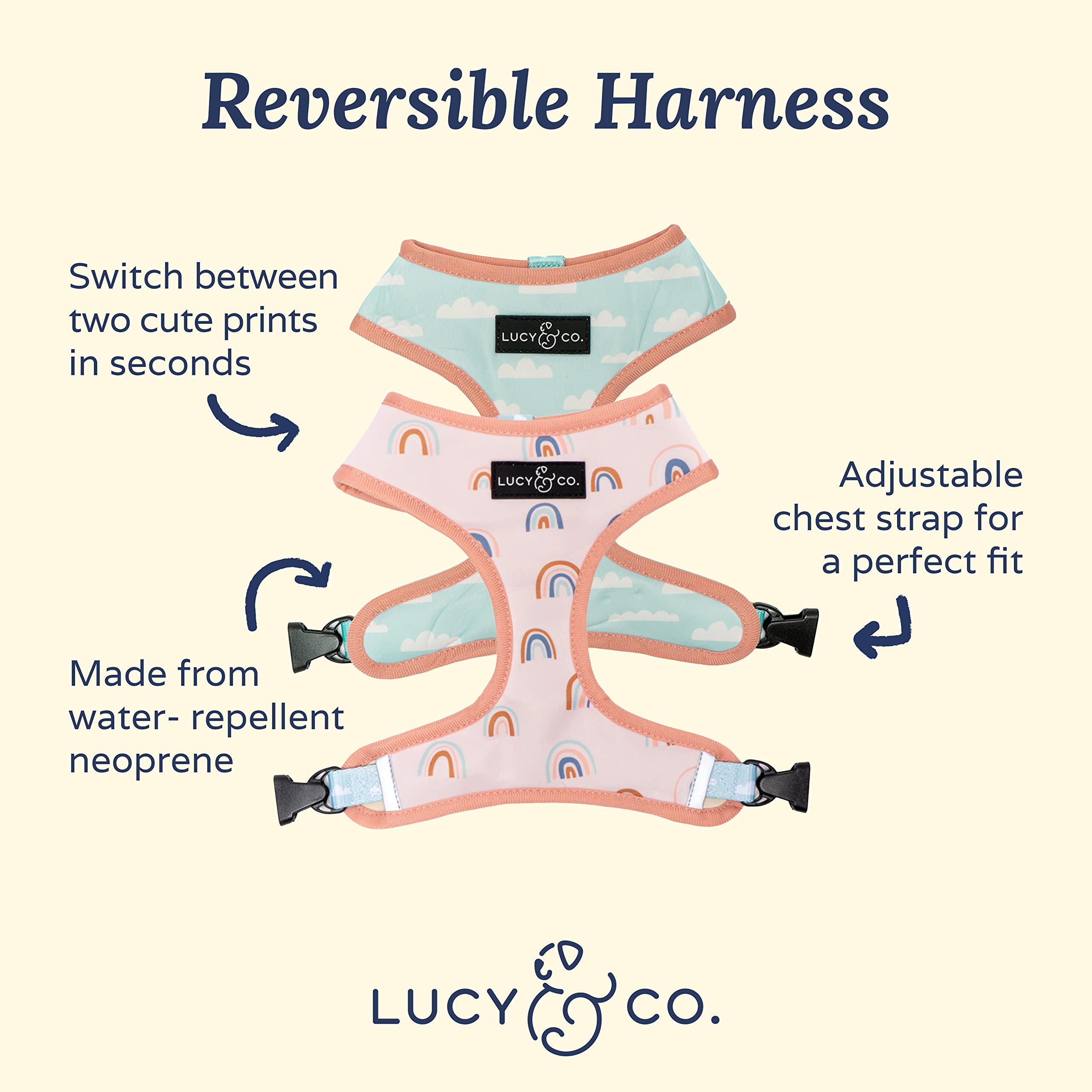 Lucy & Co. en Las Nubes: arnés reversible de doble cara para perros mediano, versátil.
