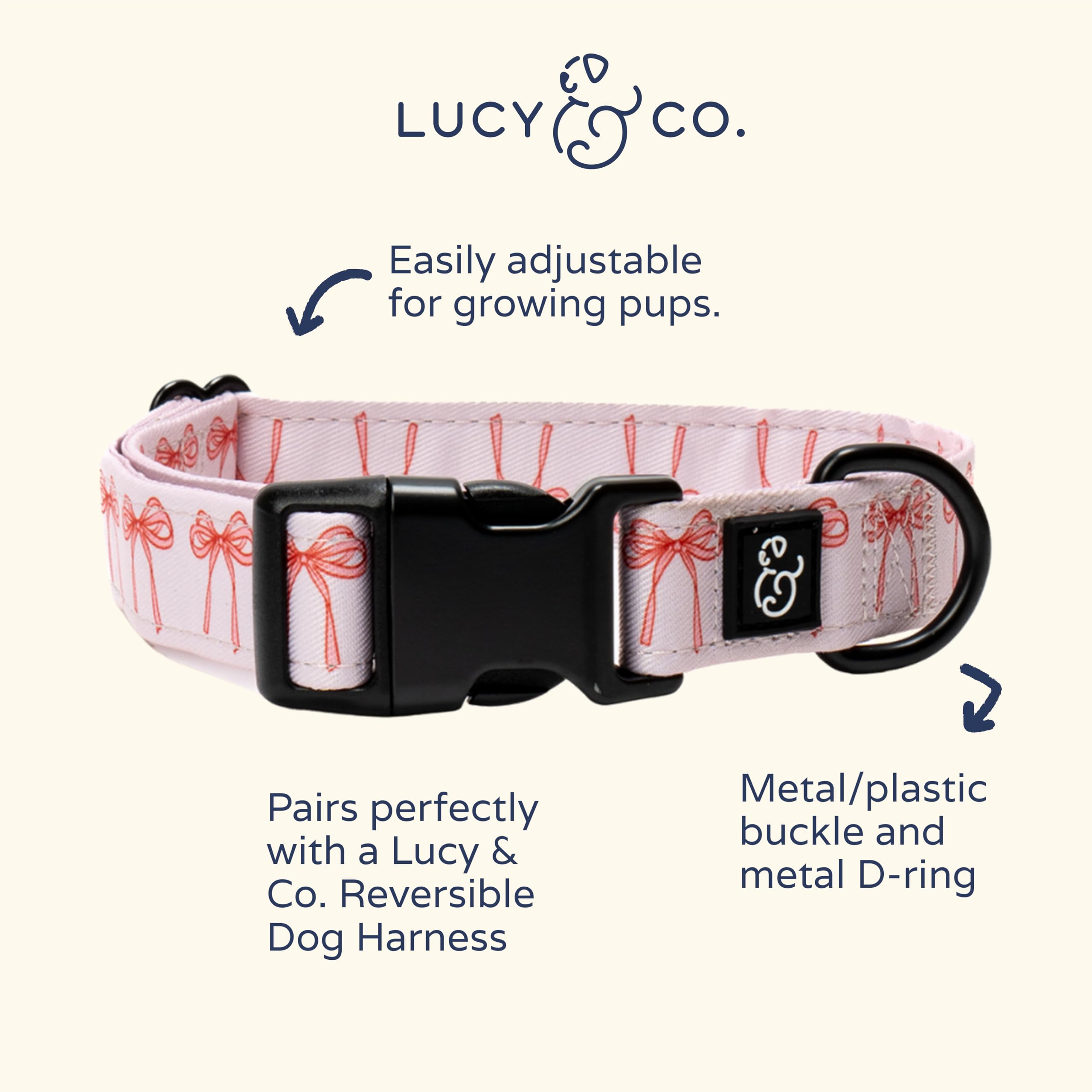 Lucy & Co. hebilla de metal en collar, ajuste seguro para todas las tallas.