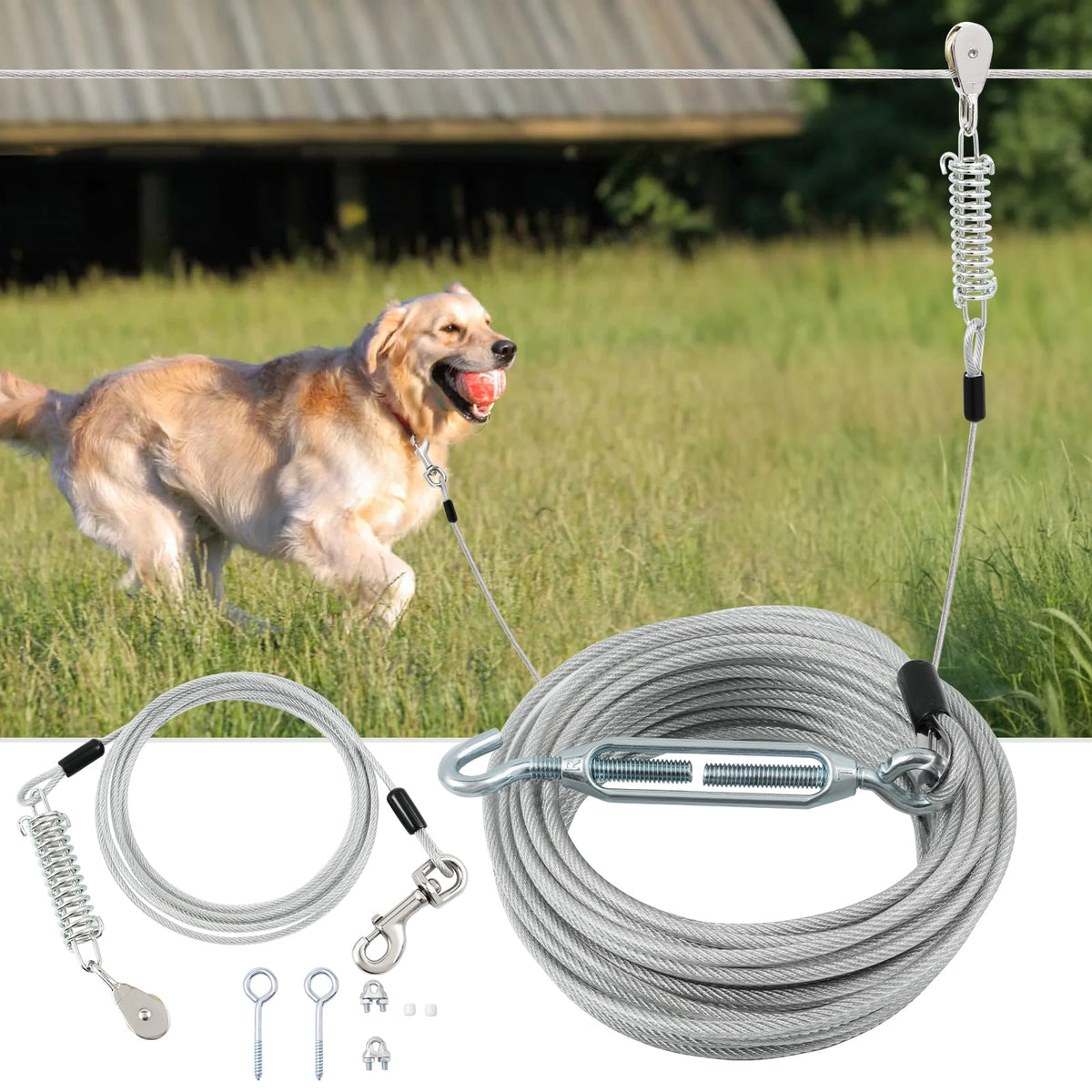 LUFFWELL corredor de perro con cable principal de 200 pies para libertad segura en el jardín.