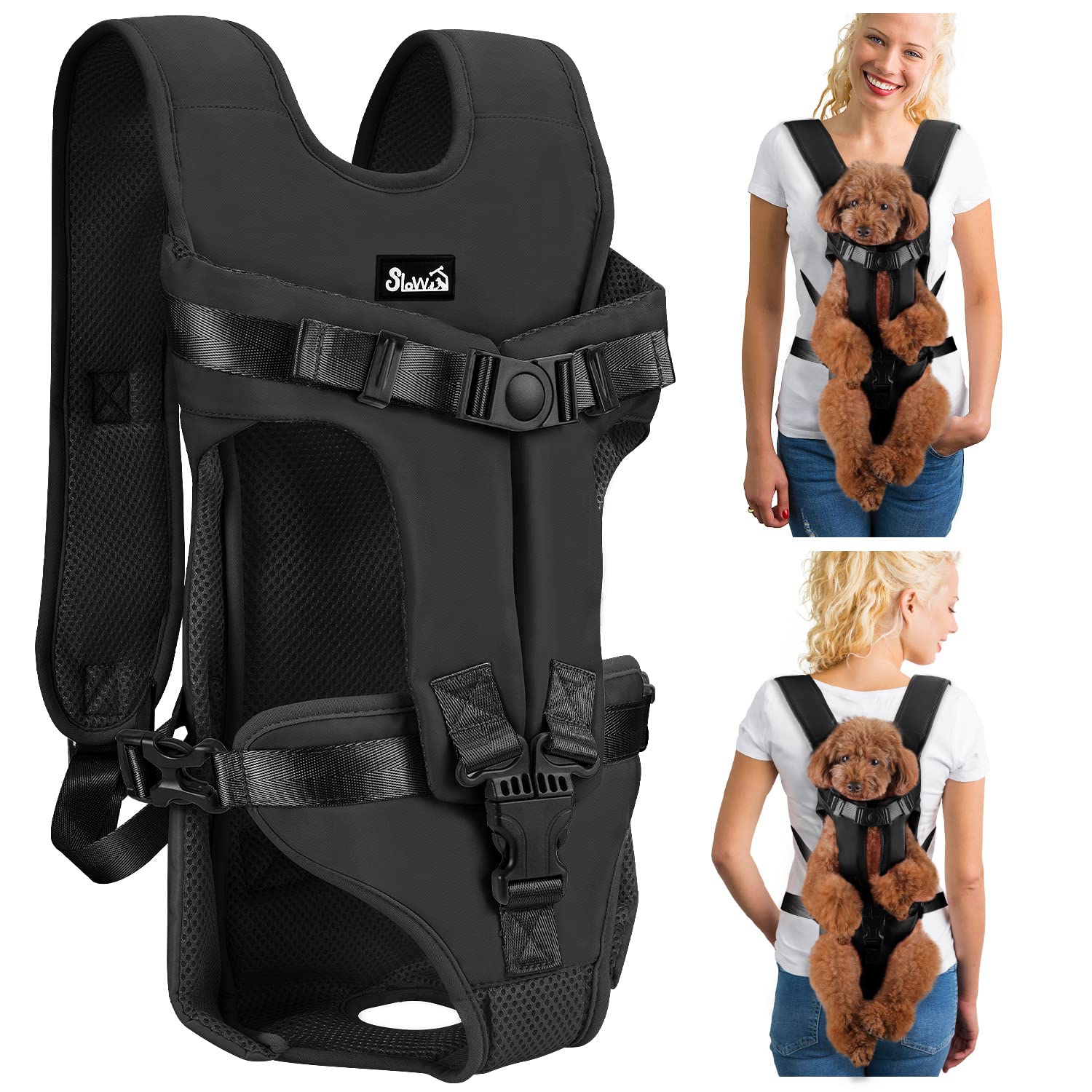 Mochila frontal Lukovee para perro, vista frontal y cómoda para paseos.