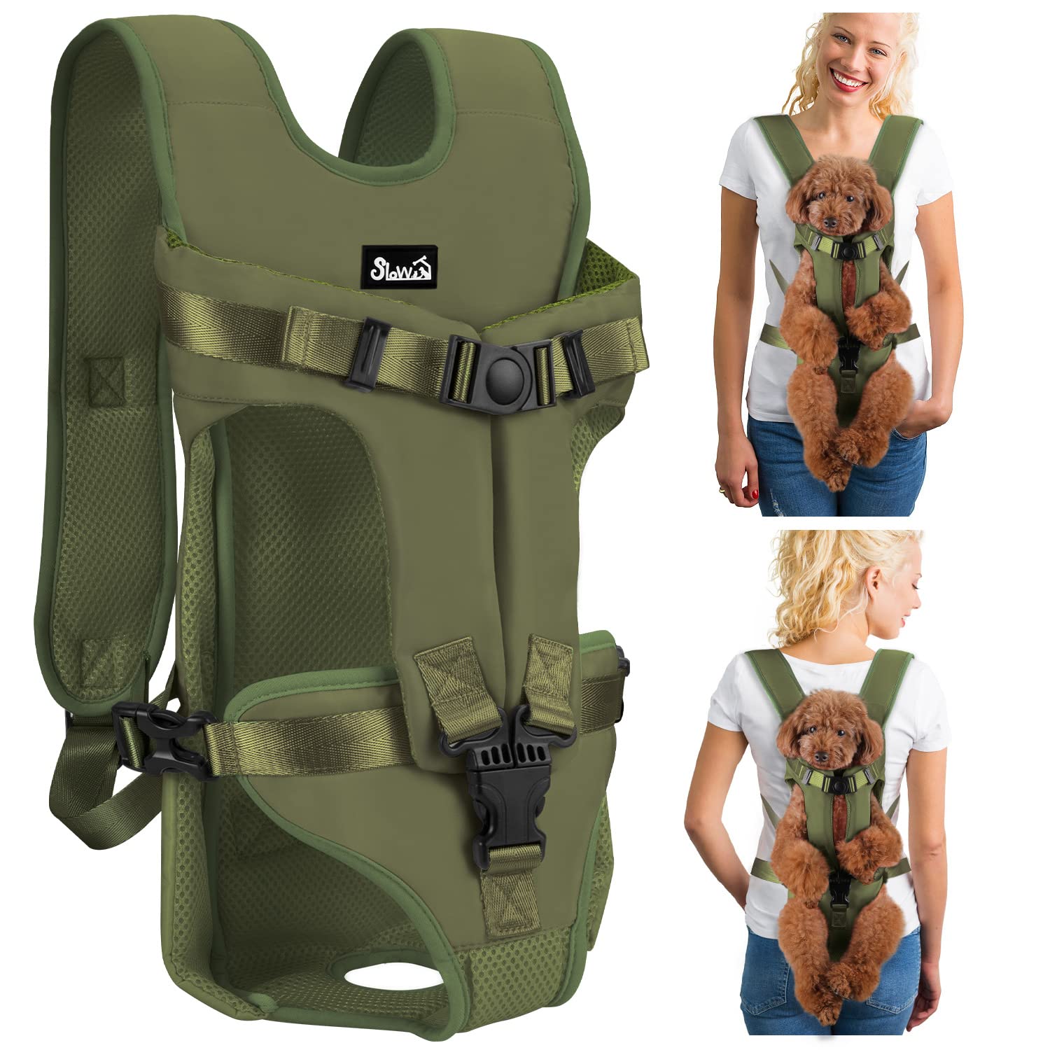 Lukovee transportín frontal para perro con patas fuera, verde, ideal para paseos al aire libre.