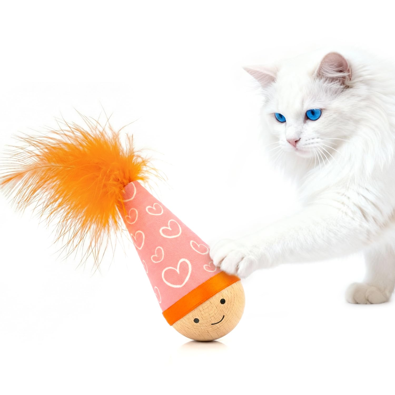 Niuniu de Lulu's world con pluma naranja; juguete tambaleante para estimulación y juego activo.