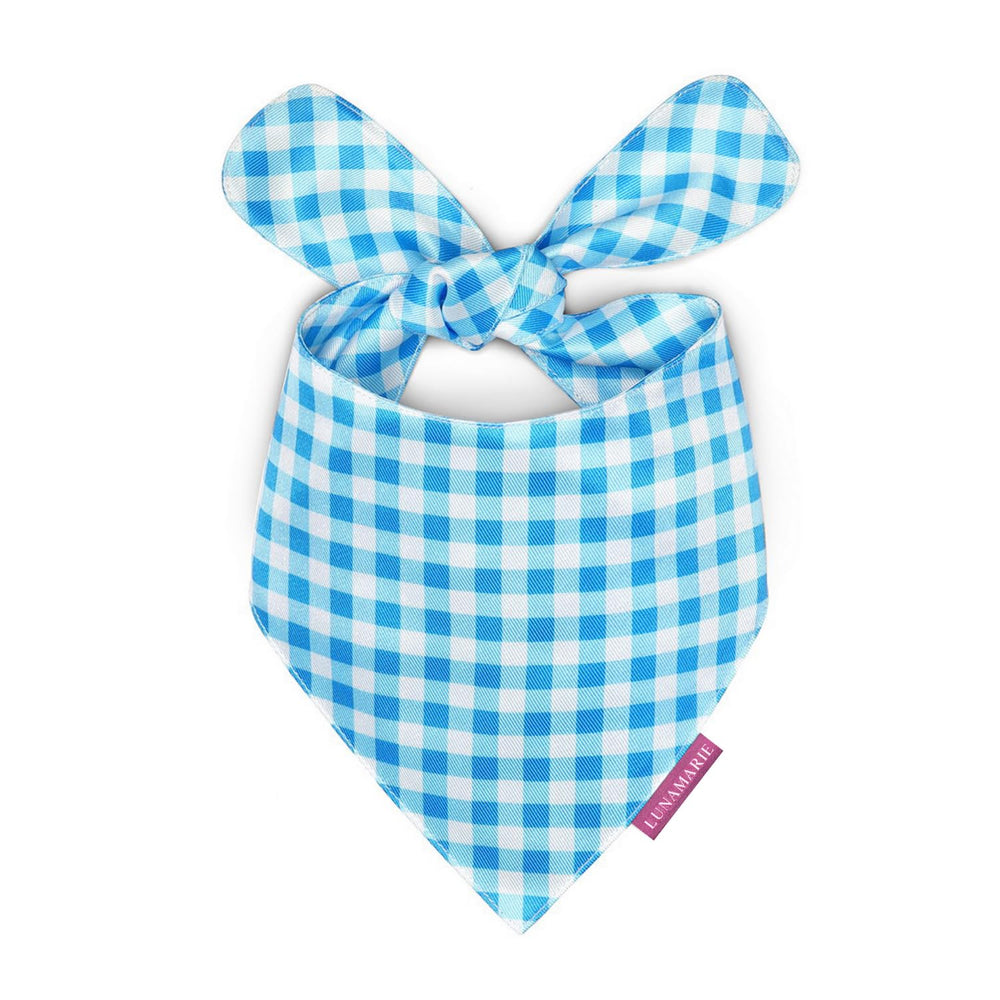 Bandana LunaMarie con cuadros azules, ideal para fotos de cumpleaños de mascotas.