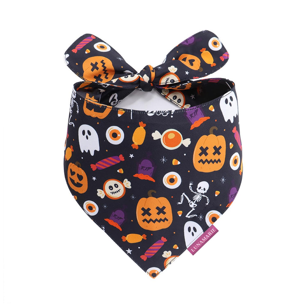 Bandana LunaMarie para perro con diseño Halloween, ideal para fotos festivas.