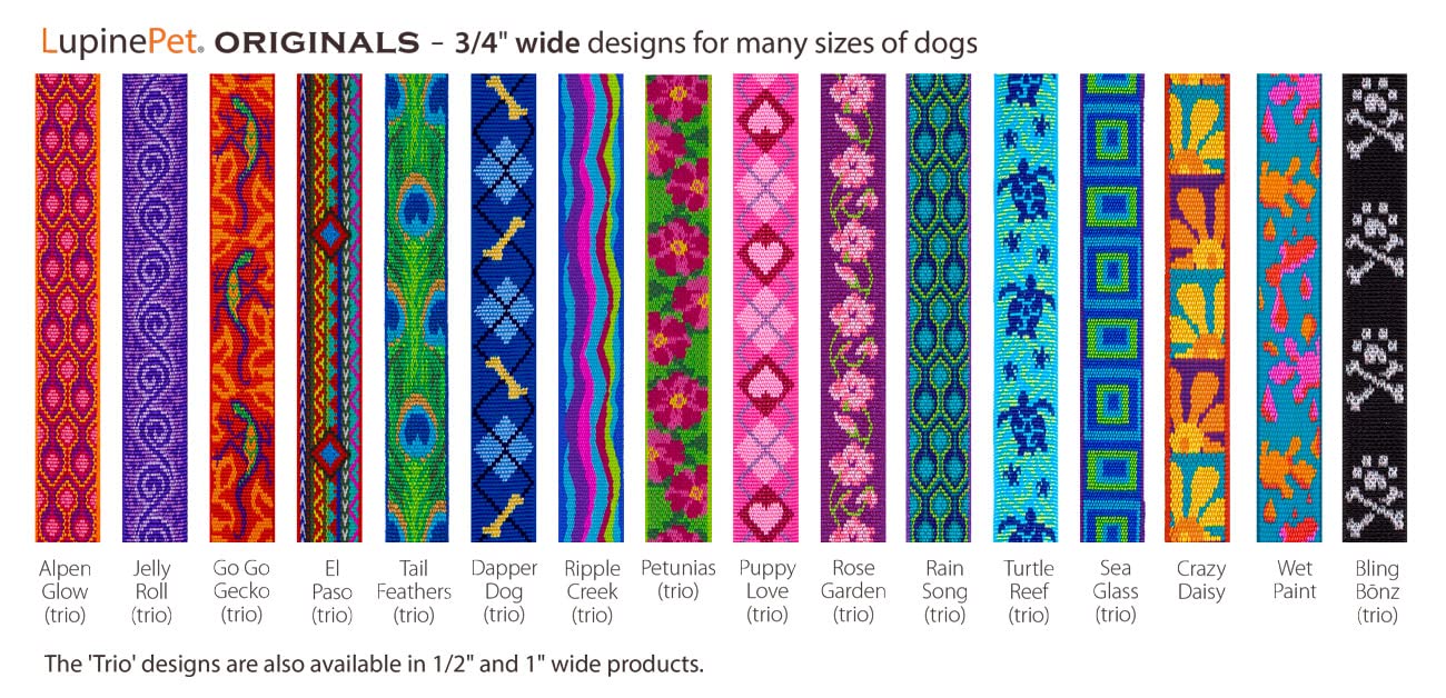 Collar martingale LupinePet Petunias sin hebilla, fácil de colocar sobre la cabeza.