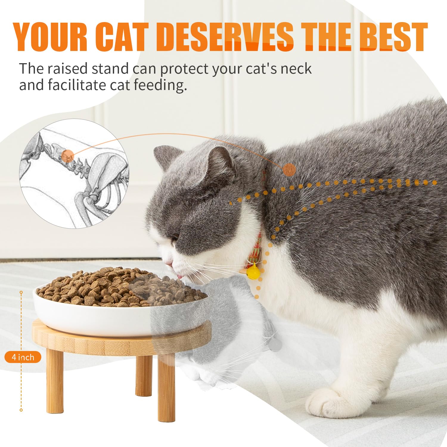 Lusifaco soporte de bambú para gatos, estable durante la comida.