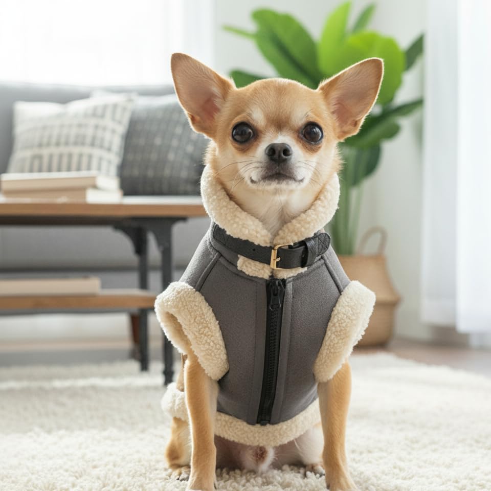 LUVMOJO cazadora aviador gris para perro, vista trasera, estilo retro y protección.