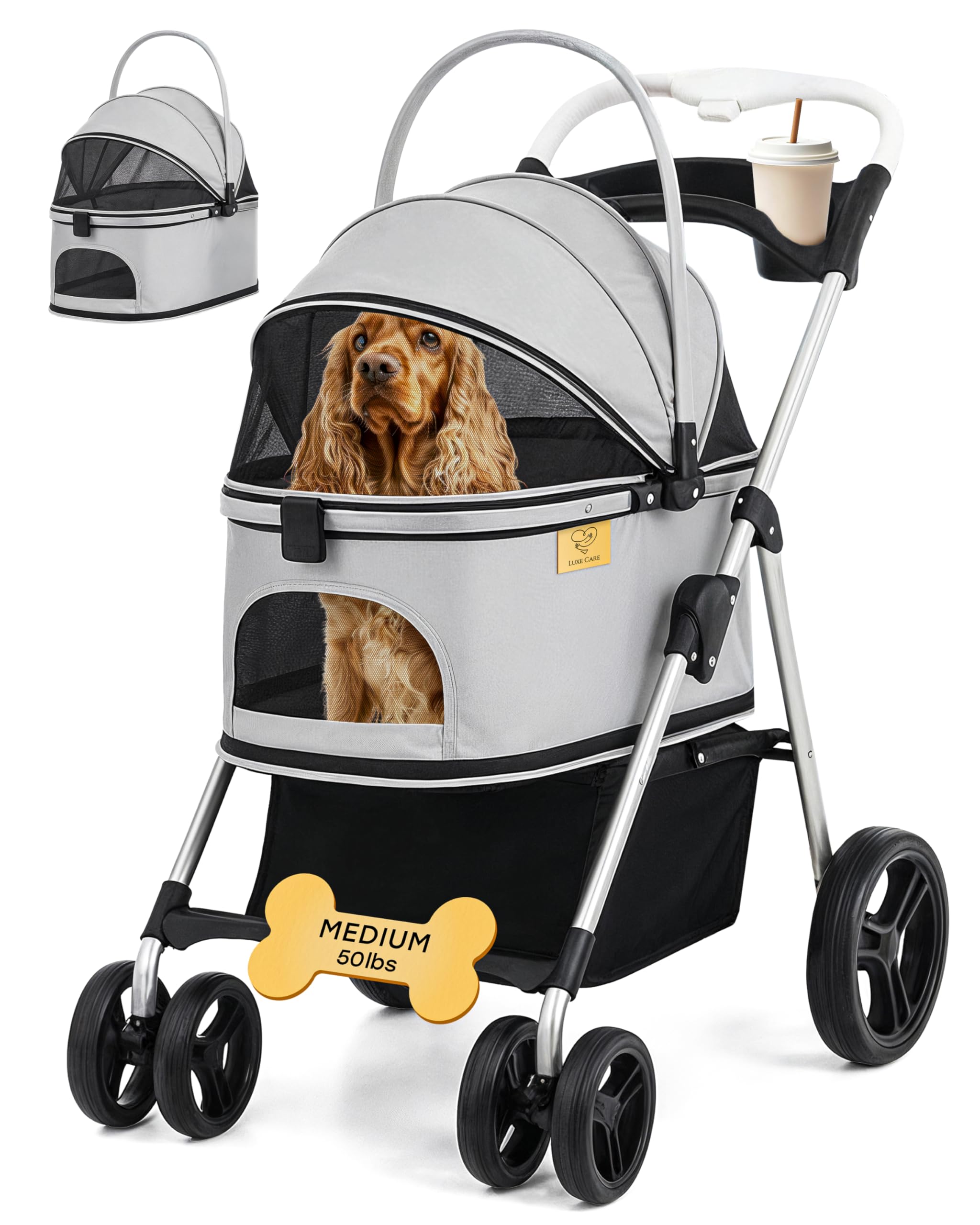 LUXE CARES: cochecito plegable con 4 ruedas para paseos estables.