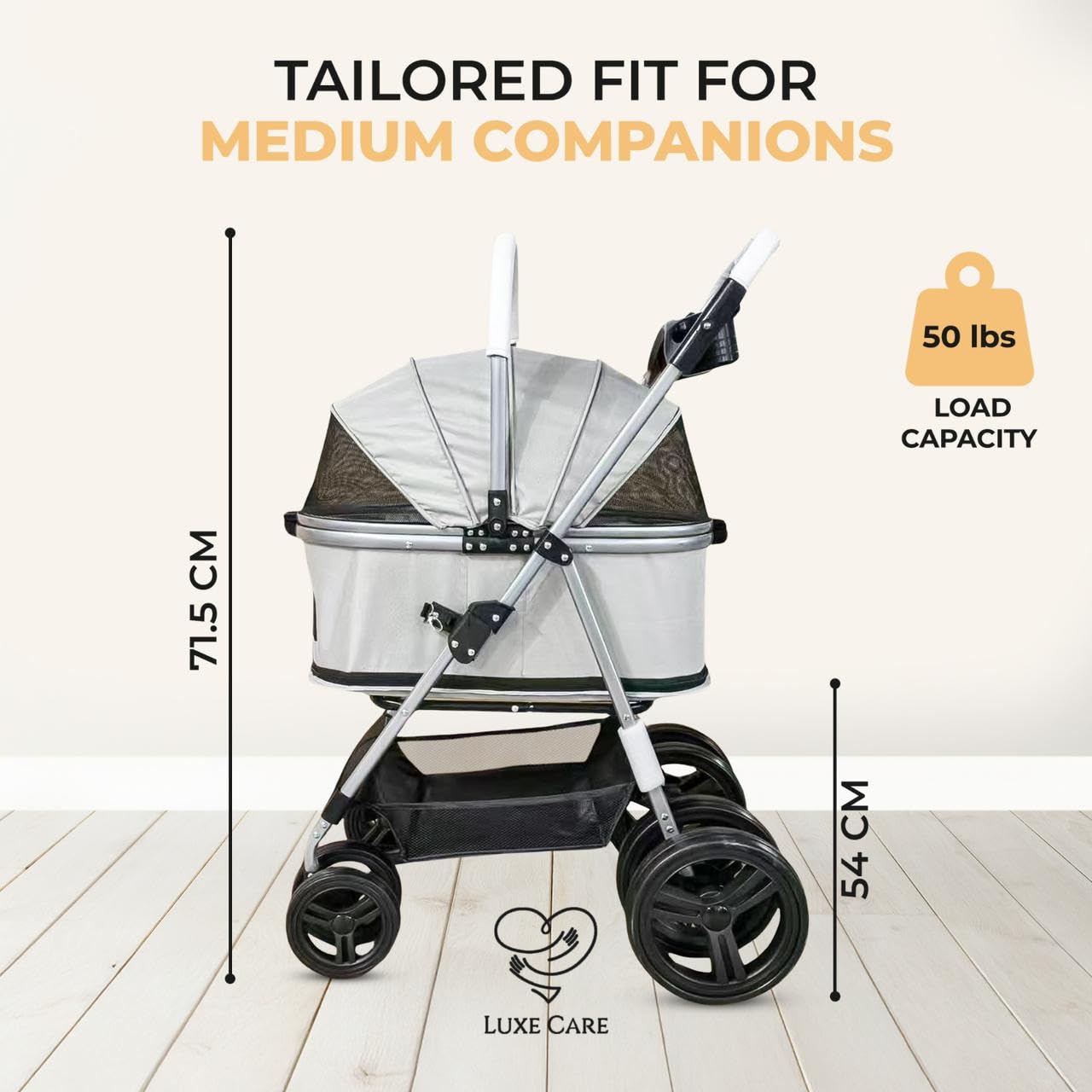LUXE CARES, vista frontal con malla: ventilación constante para la mascota.