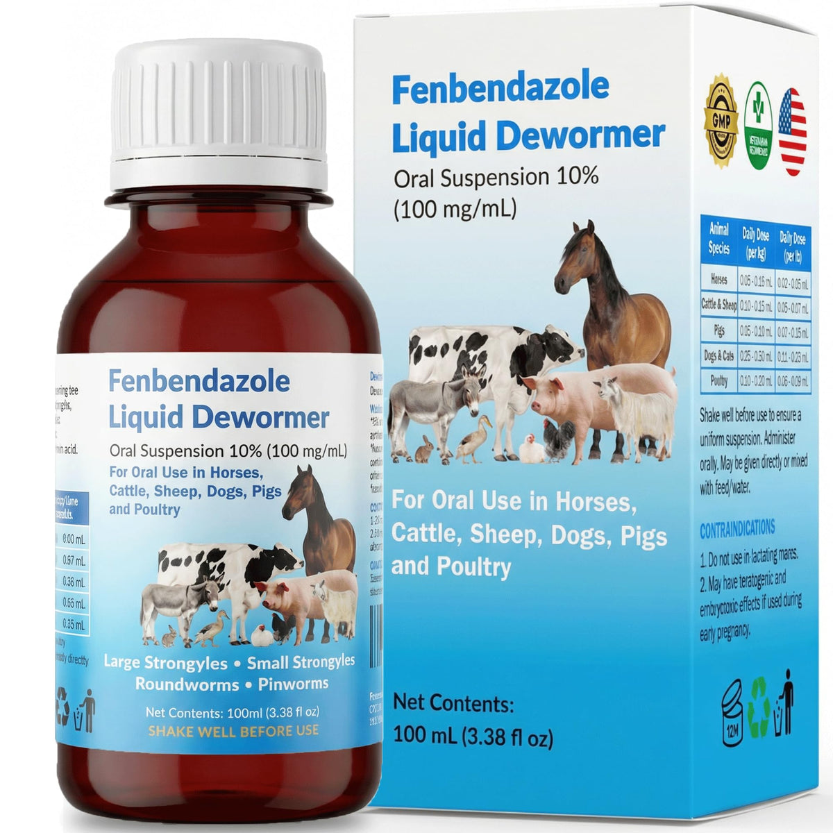 Luxekem desparasitante líquido, botella para dosis exactas para caballos y aves.