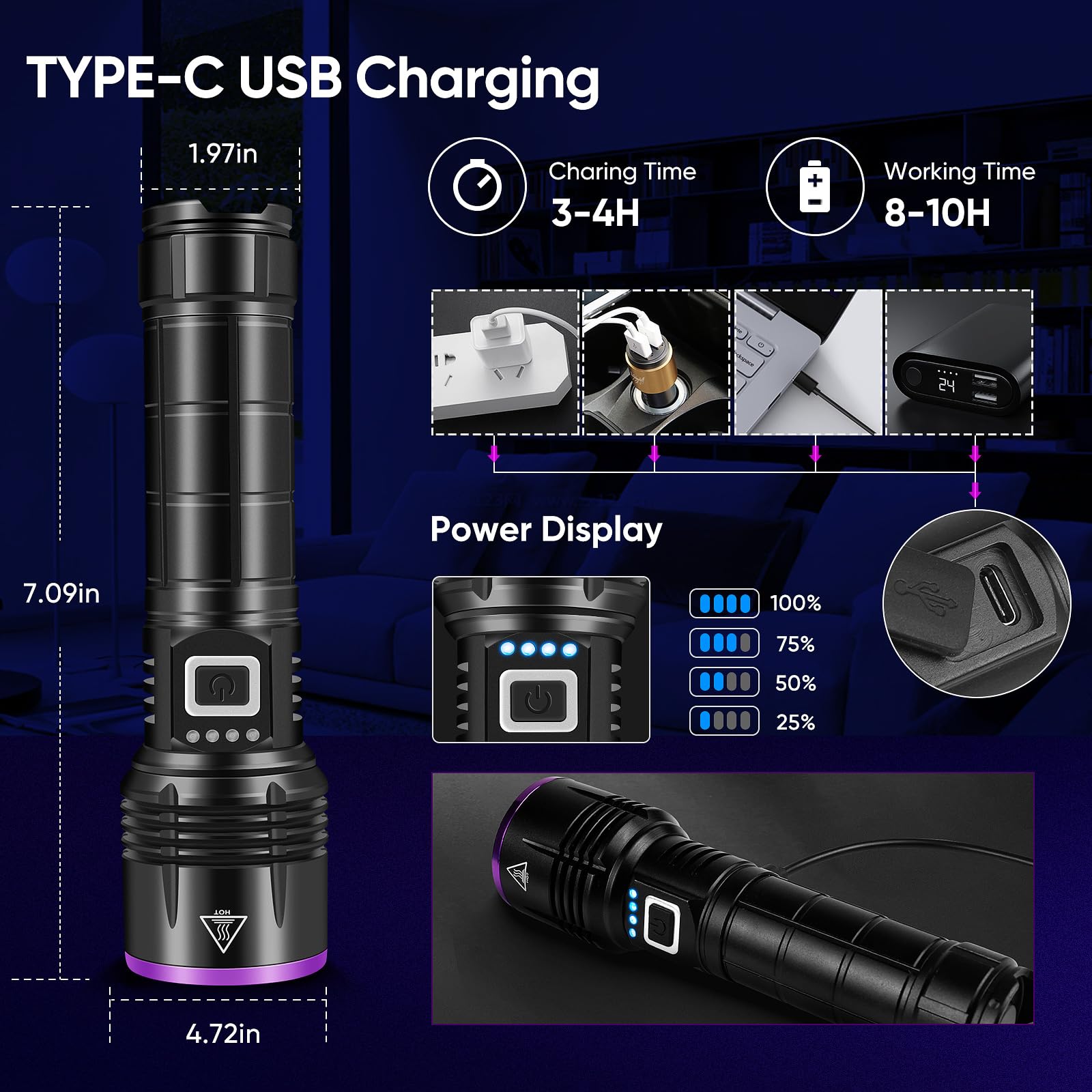 LUXNOVAQ linterna UV portátil USB, energía rápida para aventuras al aire libre