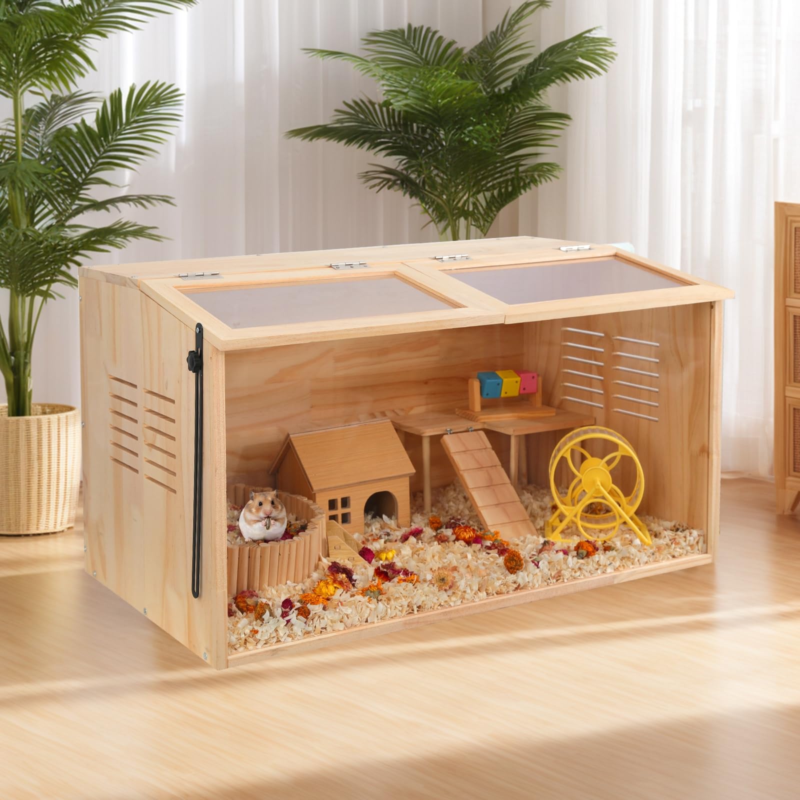 LWYMX jaula de madera para hámster, panel acrílico para ver juegos desde distintos ángulos.