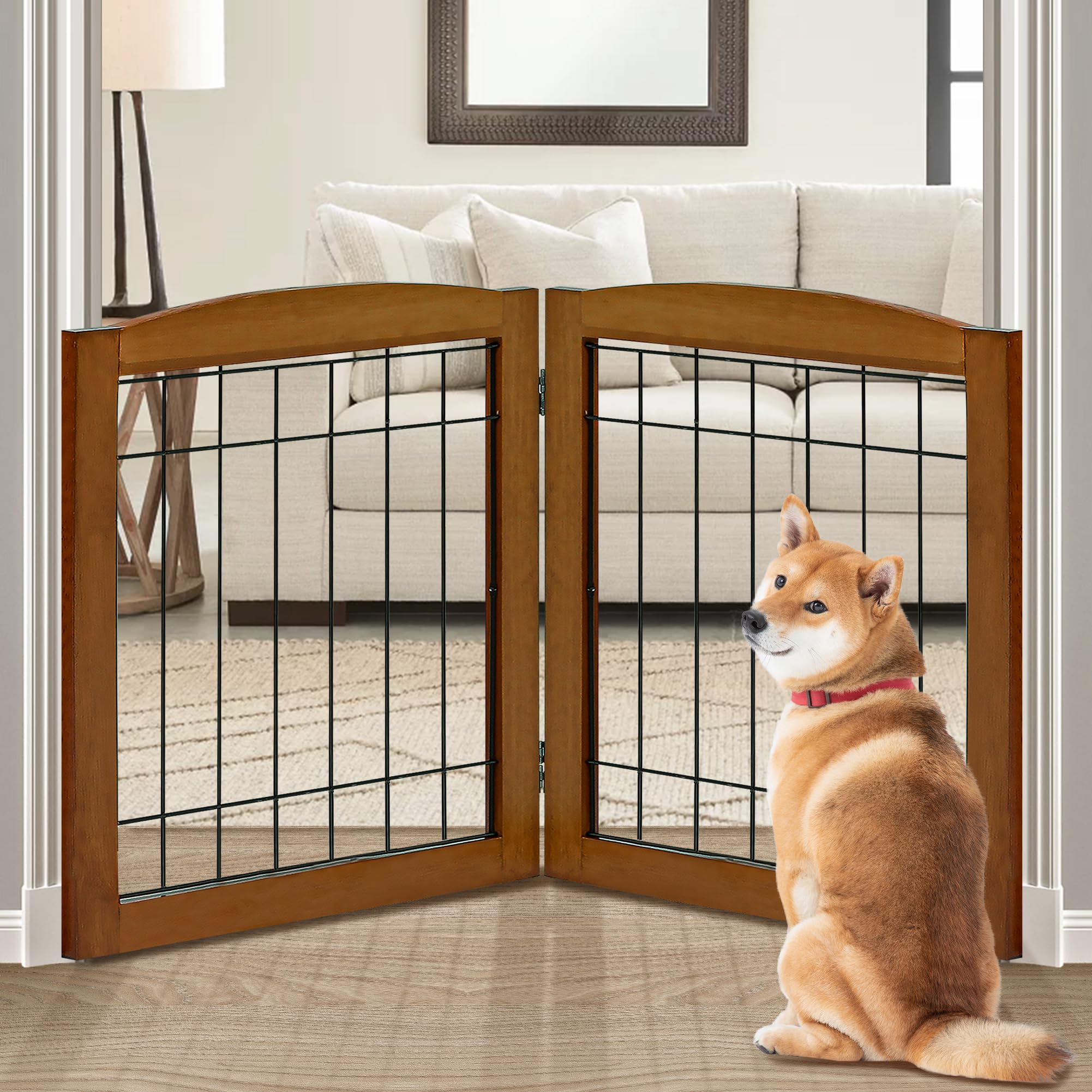 Barrera LZRS de dos paneles en cerezo para interiores y mascotas seguras.