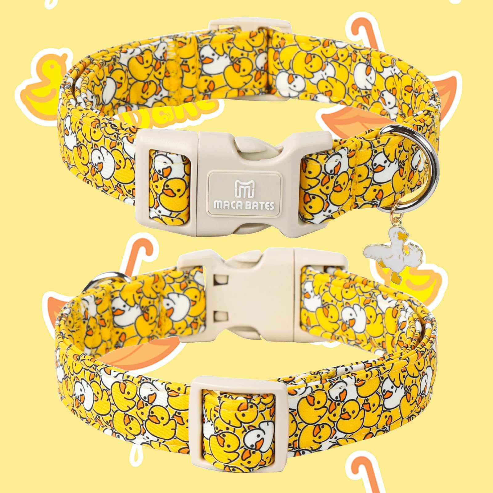Collar M MACA BATES con pato amarillo, detalle del charm para capturar atención.