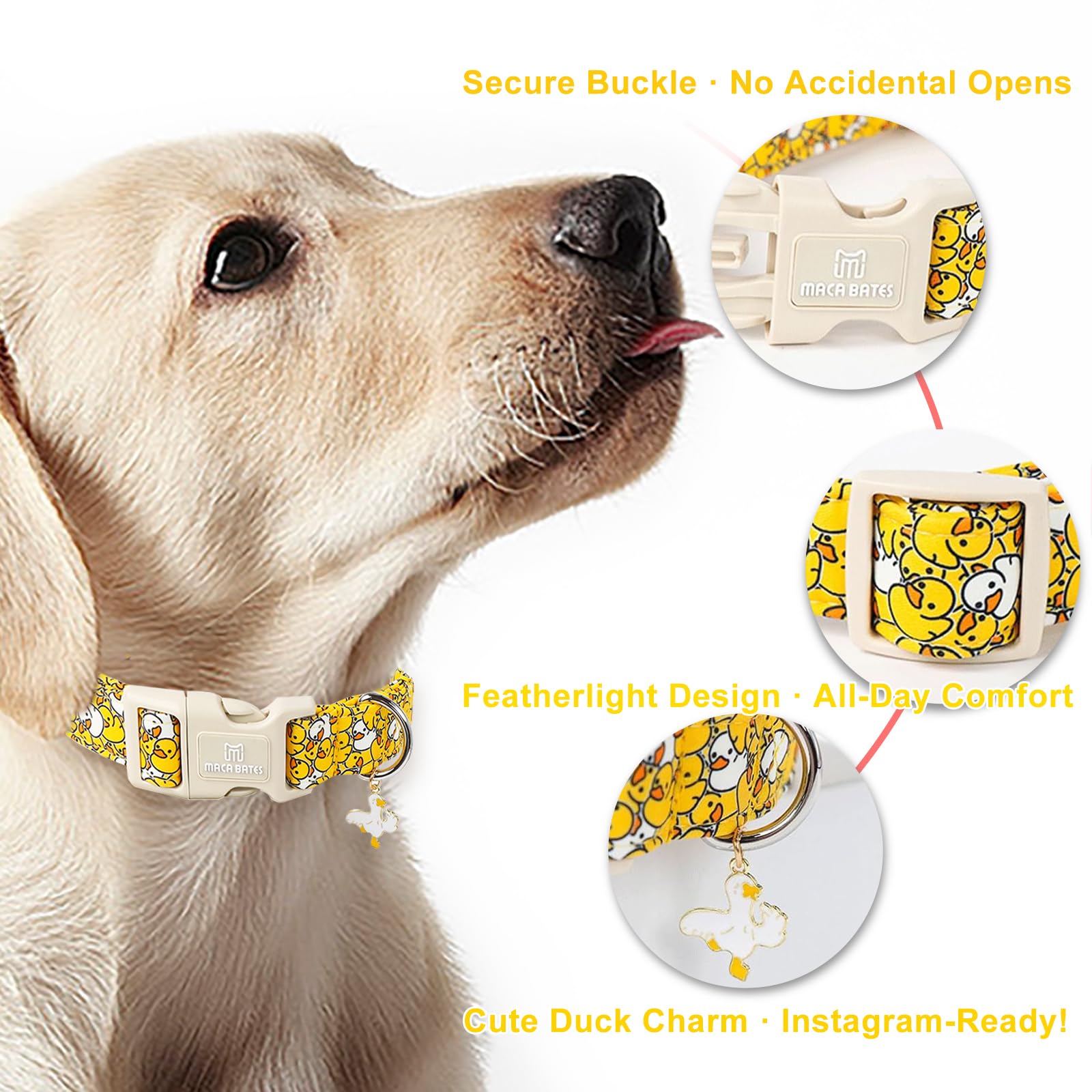 Collar M MACA BATES con pato amarillo, textura agradable para mascotas activas.