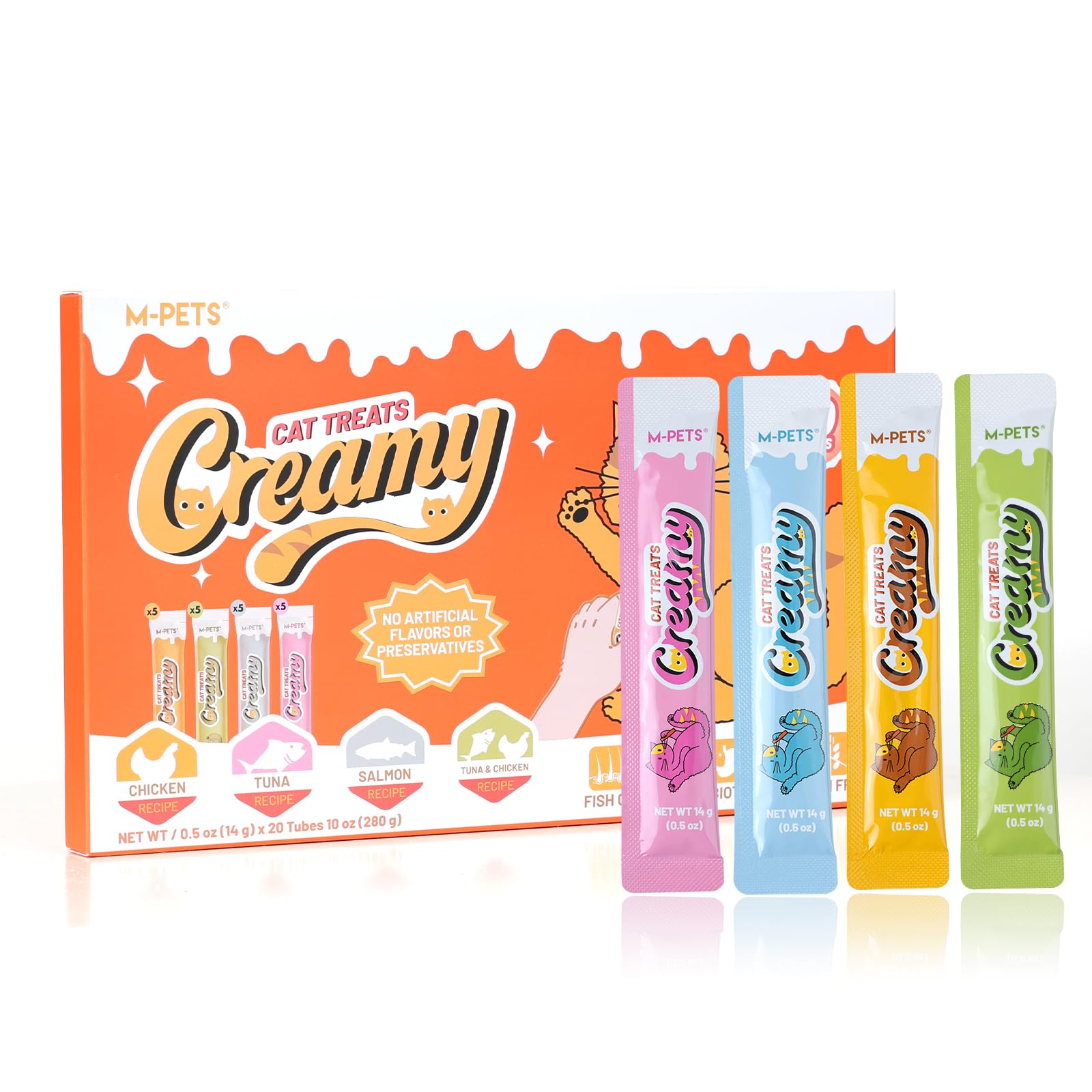 Golosinas M-PETS Creamy Lickable Treats, pack de 4 sabores para premiar al gato.
