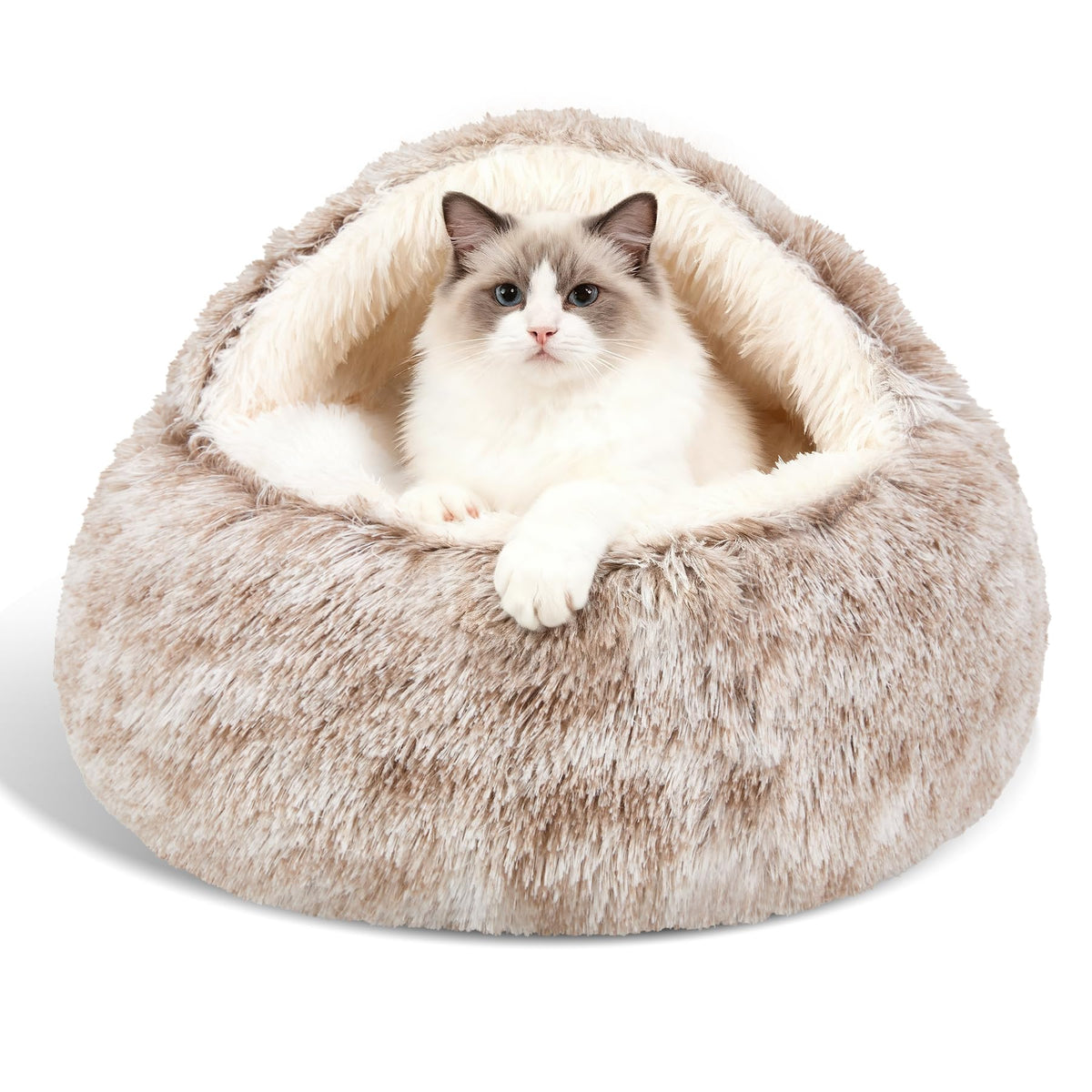 MADDEMCUTE cama redonda con capucha para mascotas, refugio suave para dormir.