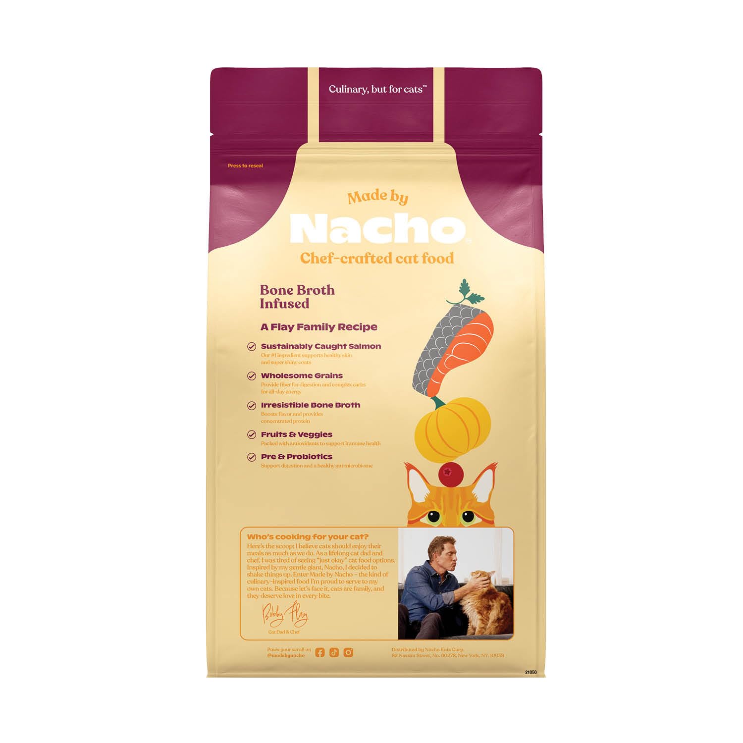Made by Nacho ingredientes salmón y calabaza, sabor delicioso para gatos exigentes.