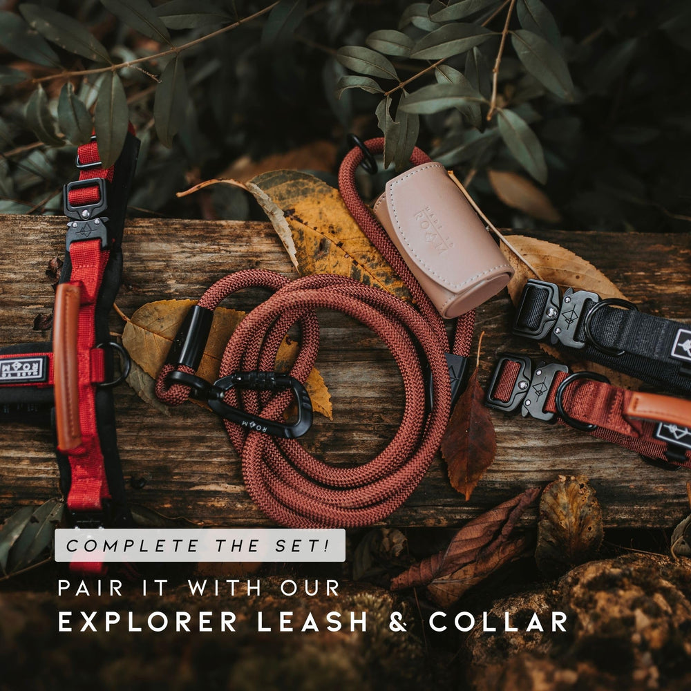 MADE TO ROAM Arnés Explorer con cuatro correas ajustables para un ajuste personalizado.