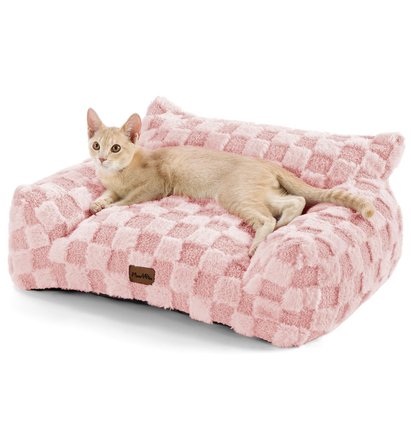 MADE 4 PETS cama gato interior rosa con diseño cuadriculado para descanso cómodo.