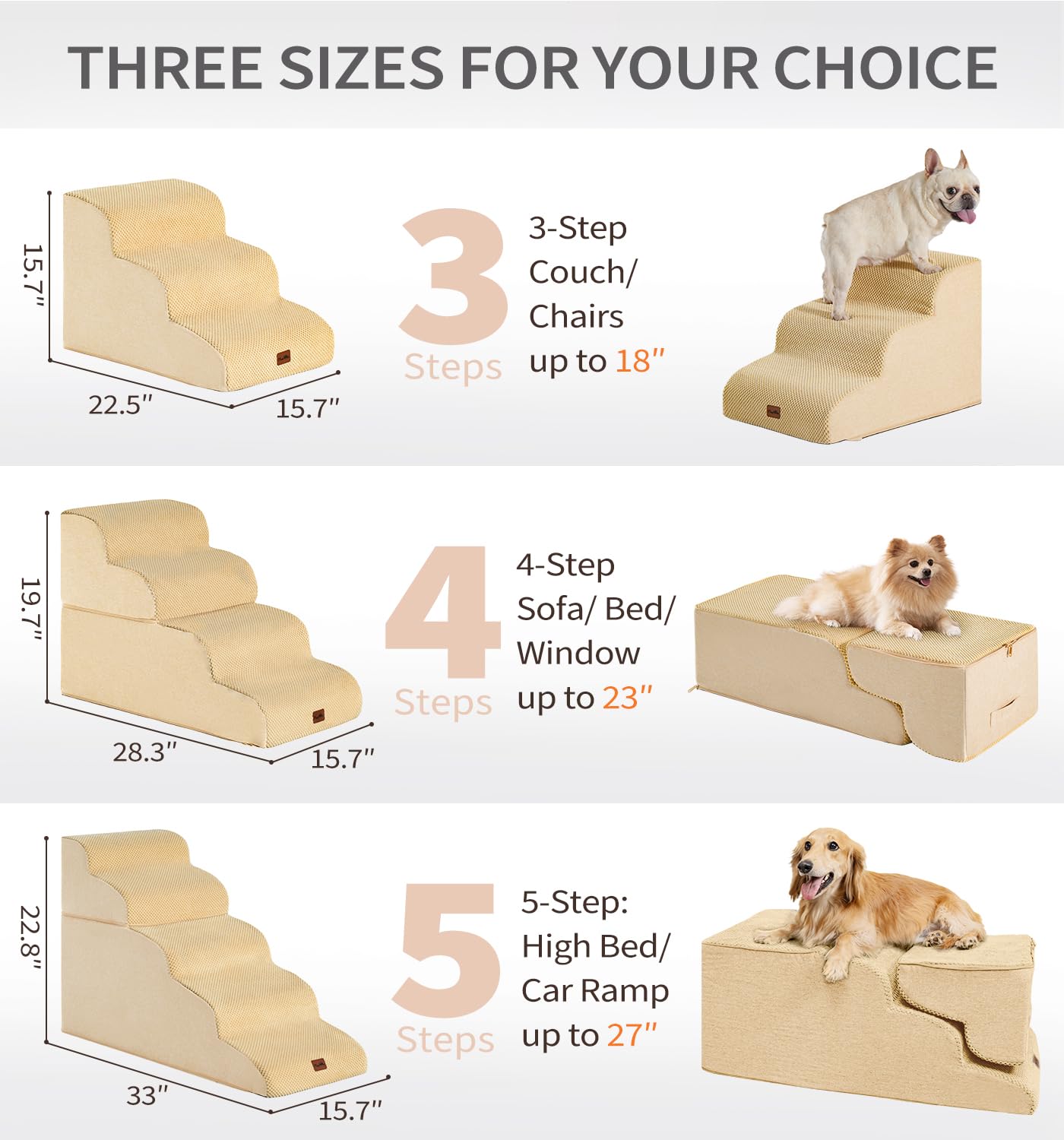 Vista lateral de escalera Made4Pets para cama y sofá, uso cómodo