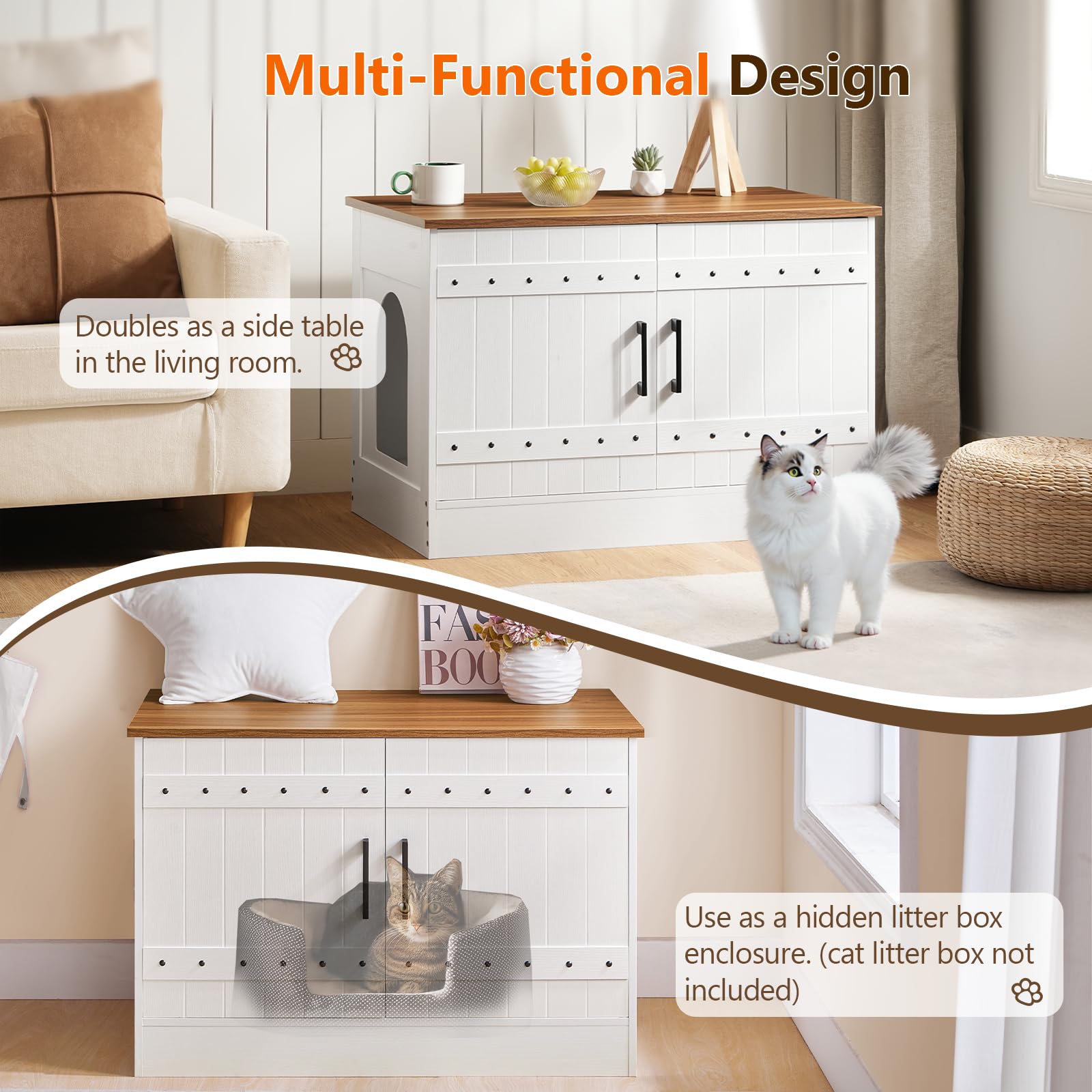MAHANCRIS caseta para gatos, entrada doble, lateral, diseño rústico que encaja con la decoración.