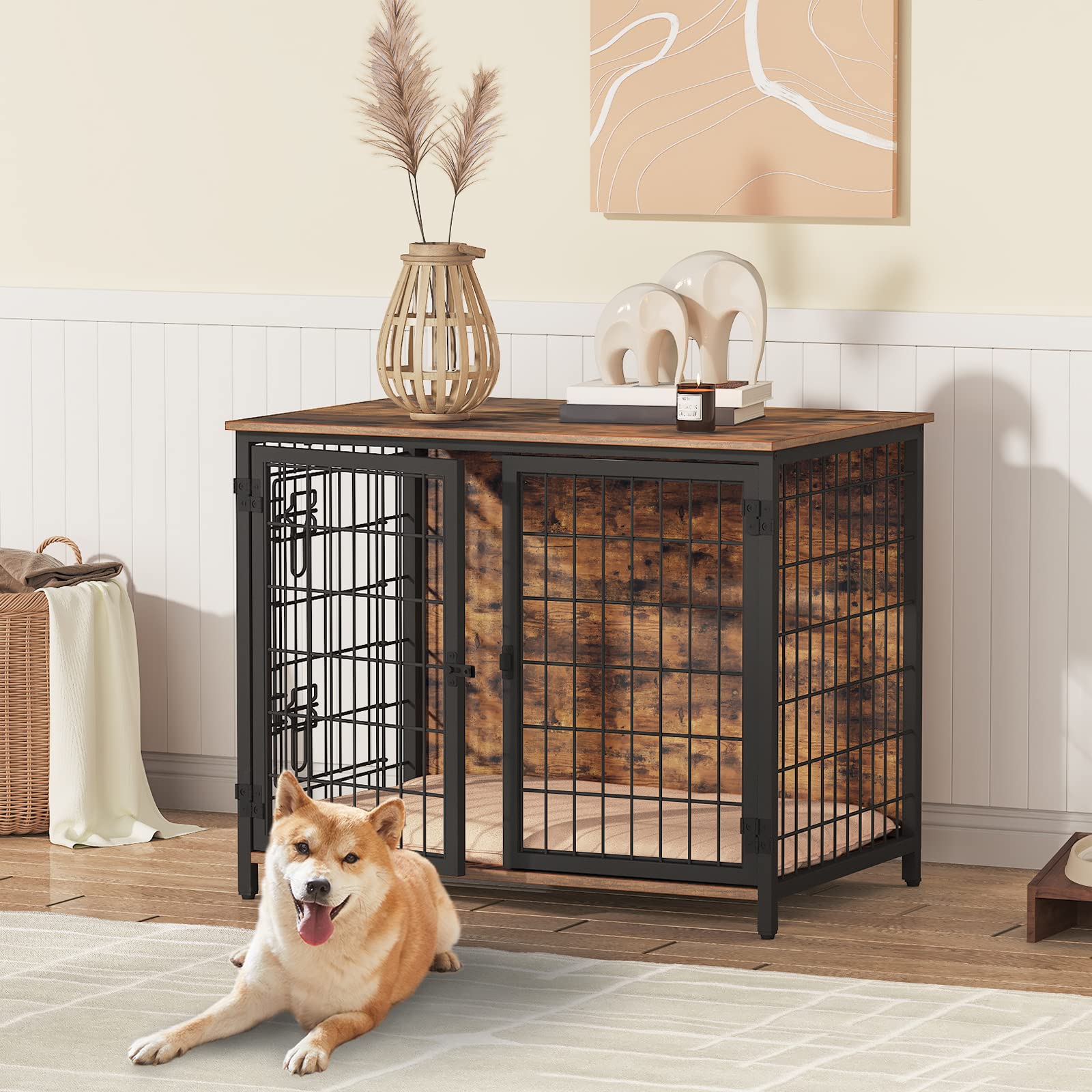 MAHANCRIS jaula-perro-mueble-con-cama-interior: refugio cómodo para tu mascota dentro del hogar.