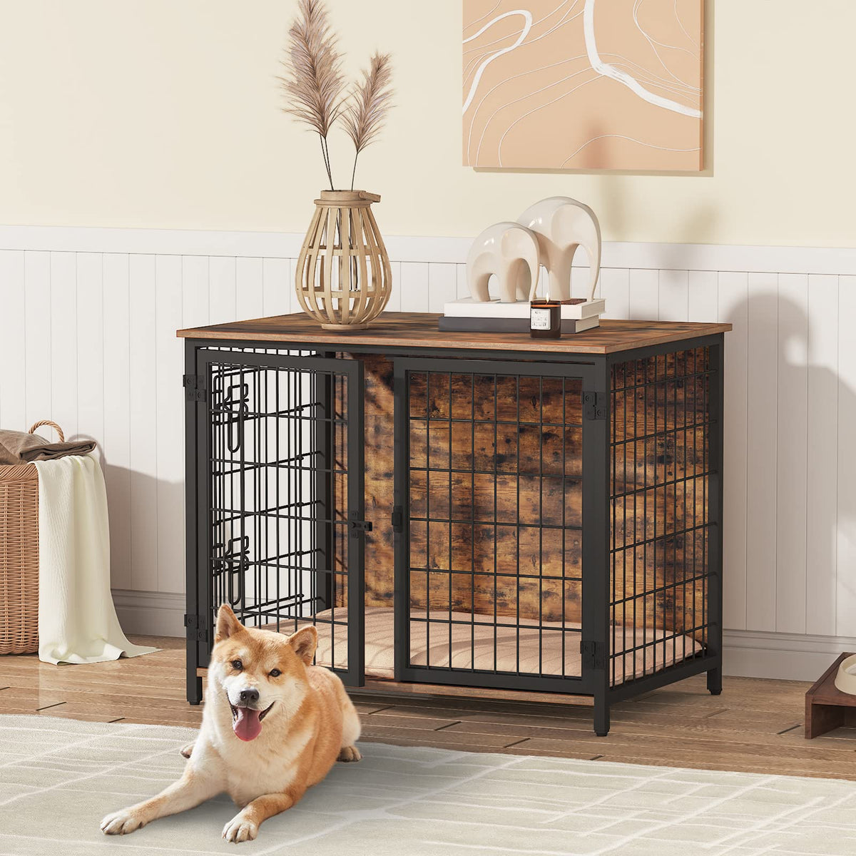 MAHANCRIS jaula-perro-mueble-con-cama-interior: refugio cómodo para tu mascota dentro del hogar.