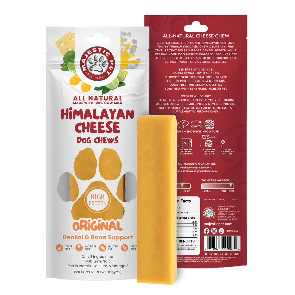 Majestic Pet Himalayan Cheese Chews en empaque, masticables naturales que ayudan a la limpieza dental.