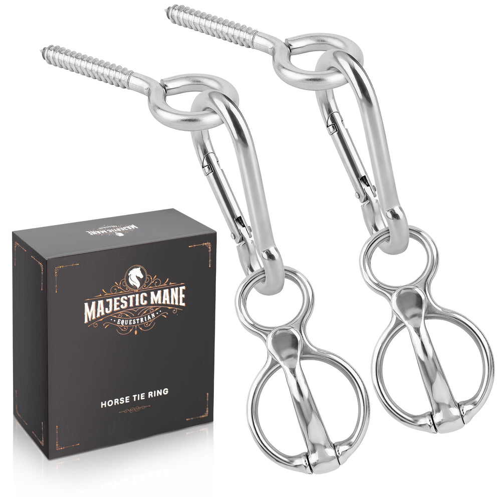 MajesticMane: anillo de atar para caballos, dos piezas, instalación rápida.