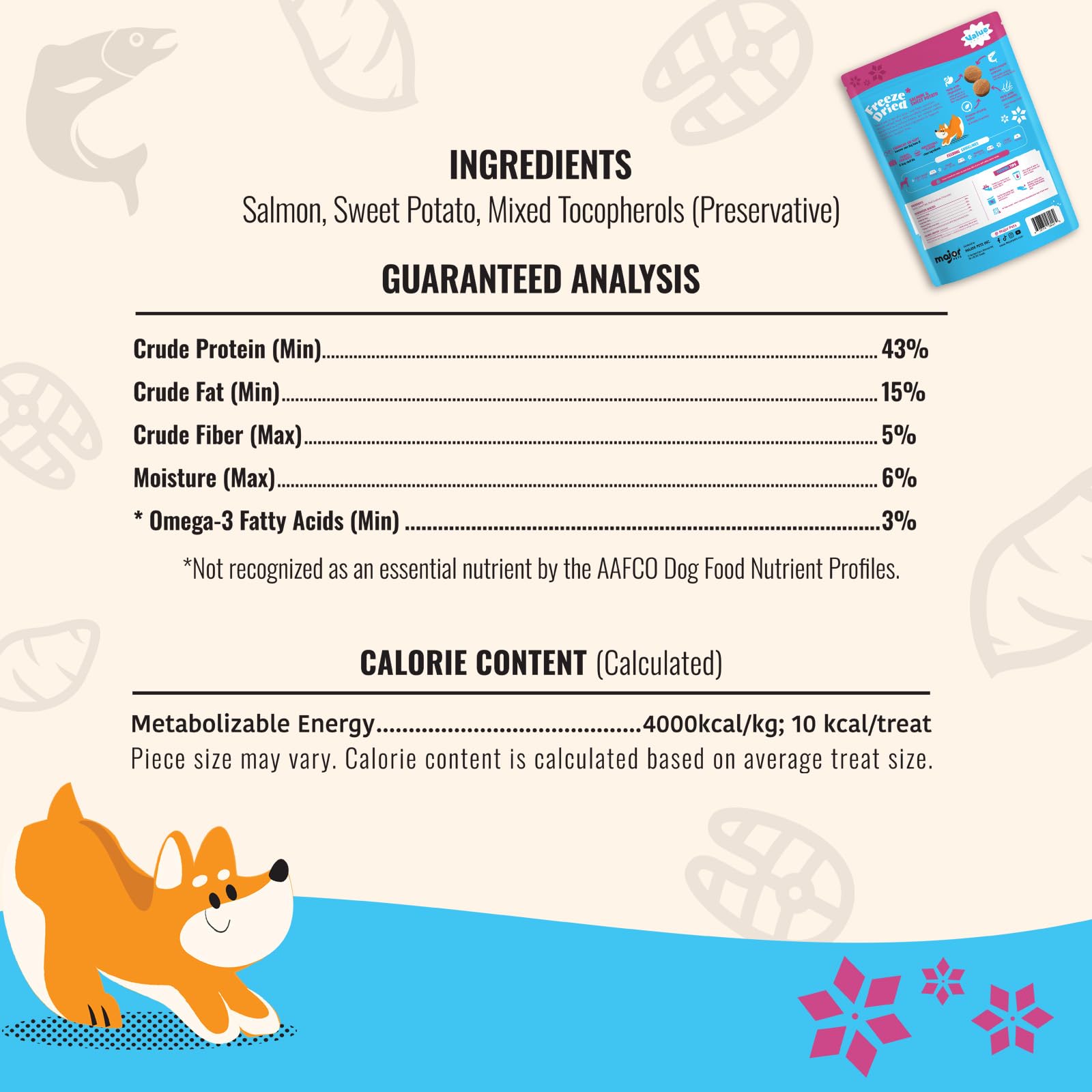 MAJOR PETS trozo de salmón deshidratado en primer plano.