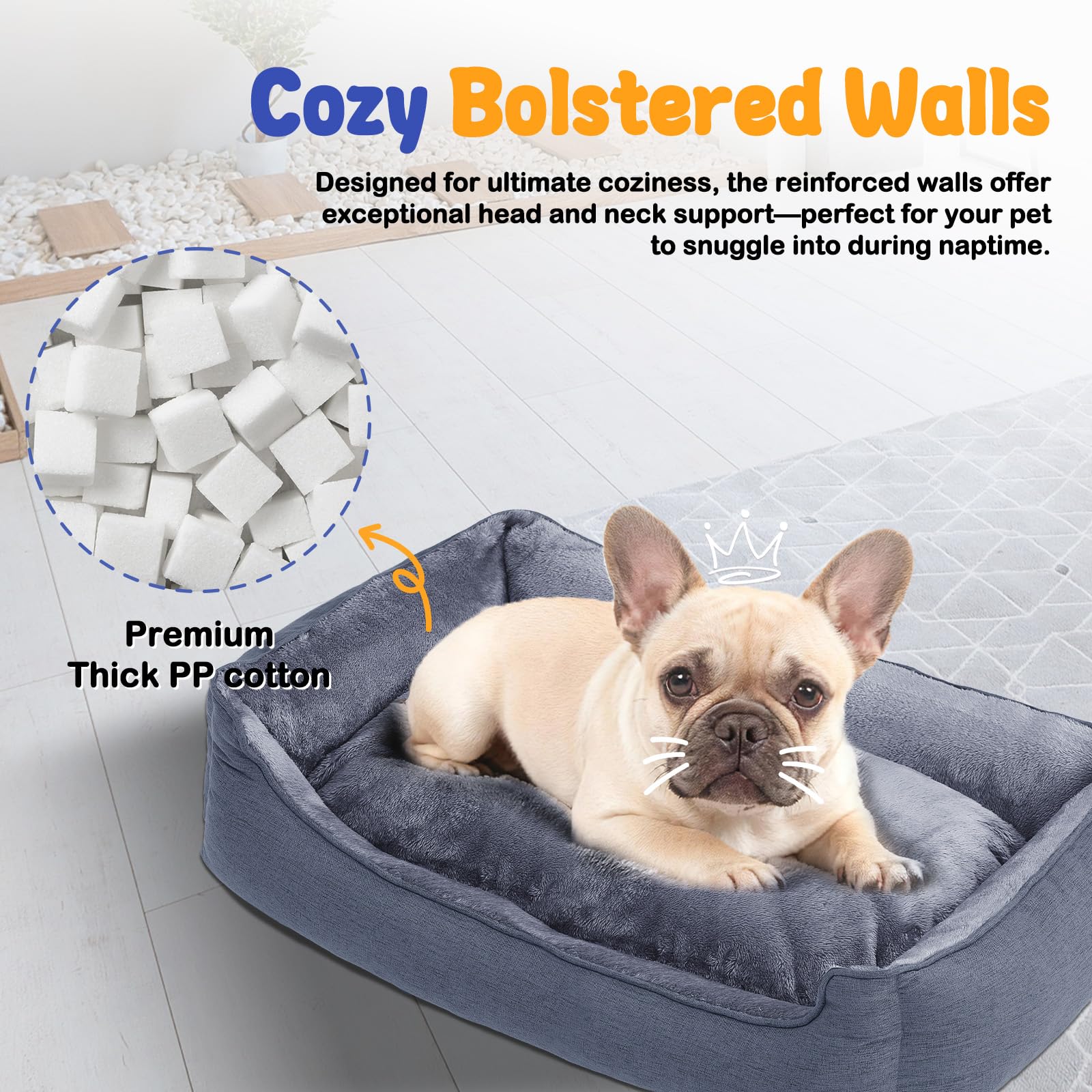 Makigued cama para perro rectangular mediano con bordes acolchados para mayor comodidad al dormir.
