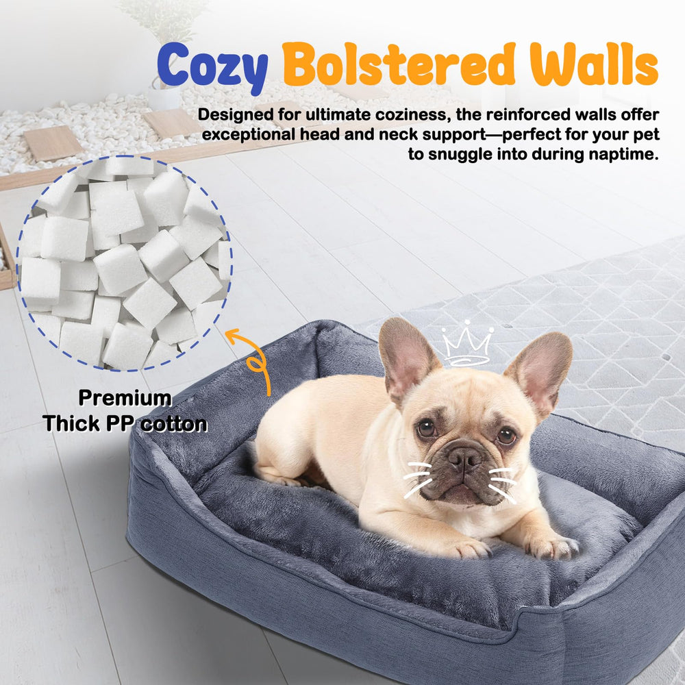 Makigued cama para perro rectangular mediano con bordes acolchados para mayor comodidad al dormir.
