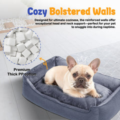 Makigued cama para perro rectangular mediano con bordes acolchados para mayor comodidad al dormir.