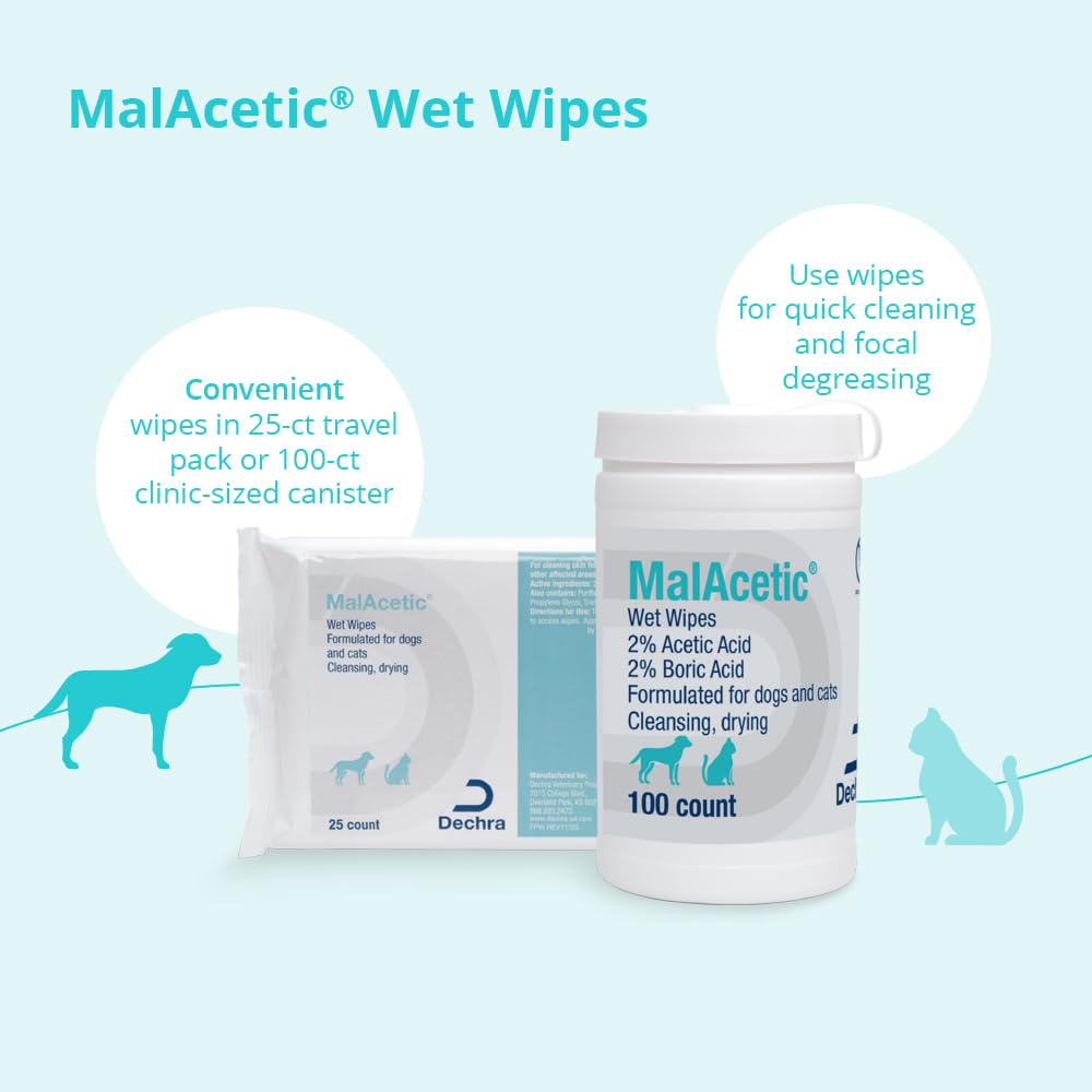 Paquete de 100 toallitas MalAcetic, práctica higiene para mascotas.