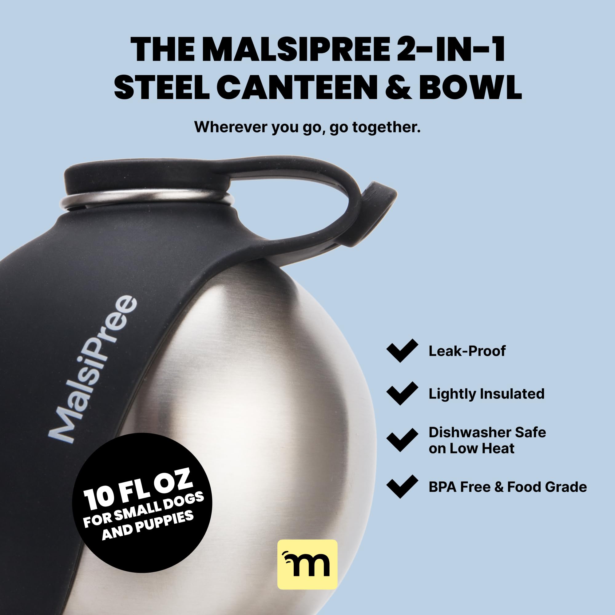 MalsiPree botella y cuenco en uso, 10 oz, negro, cómodo para rutas largas.