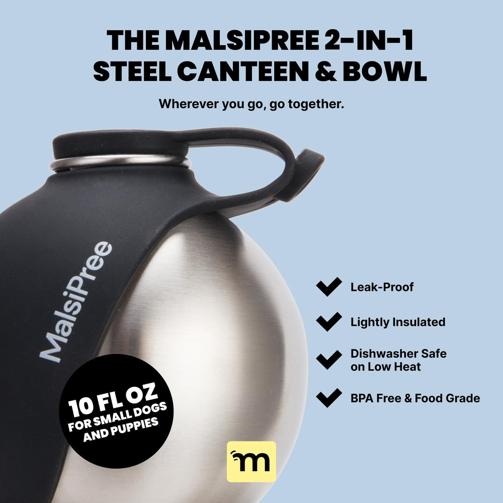 MalsiPree botella y cuenco en uso, 10 oz, negro, cómodo para rutas largas.