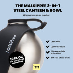 MalsiPree botella y cuenco en uso, 10 oz, negro, cómodo para rutas largas.