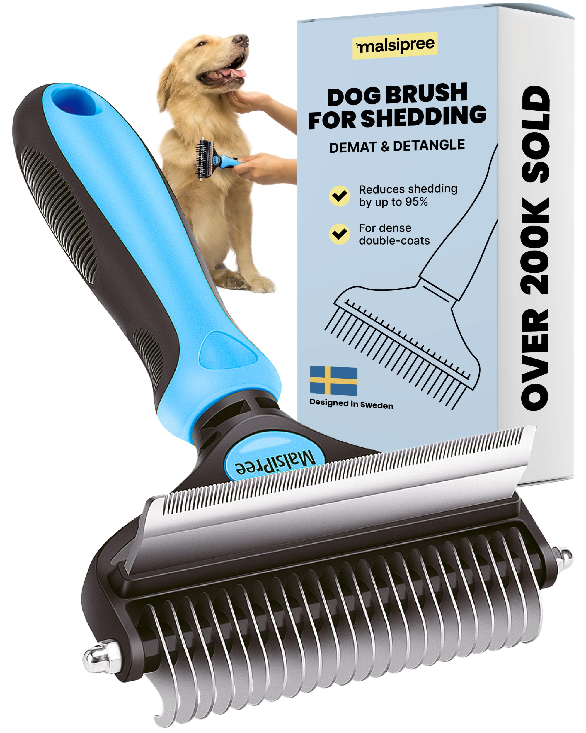 MalsiPree cepillo deslanado para perro de pelo doble grande, facilita el cuidado suave.