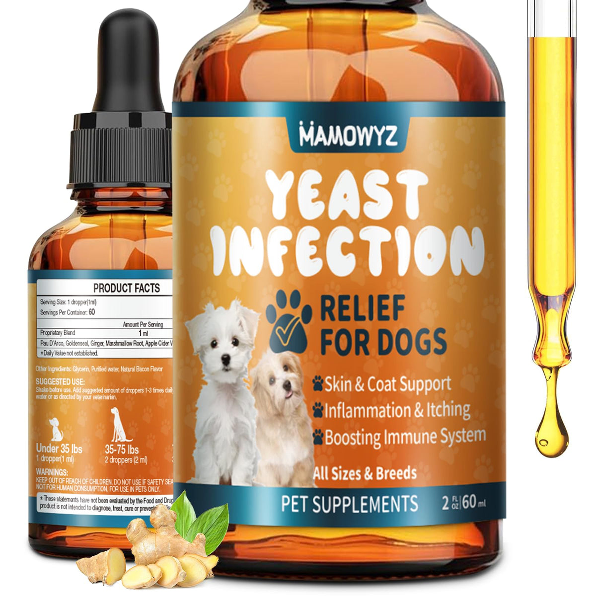MAMOWYZ bote de 60 ml para alivio de levadura en perros, uso diario seguro.