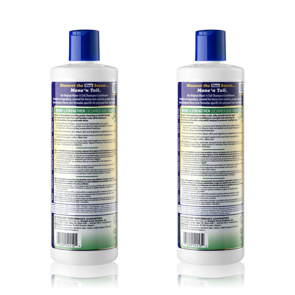 Acondicionador Mane 'n Tail Repair 'n Fortalecer, freno frontal y etiqueta visible