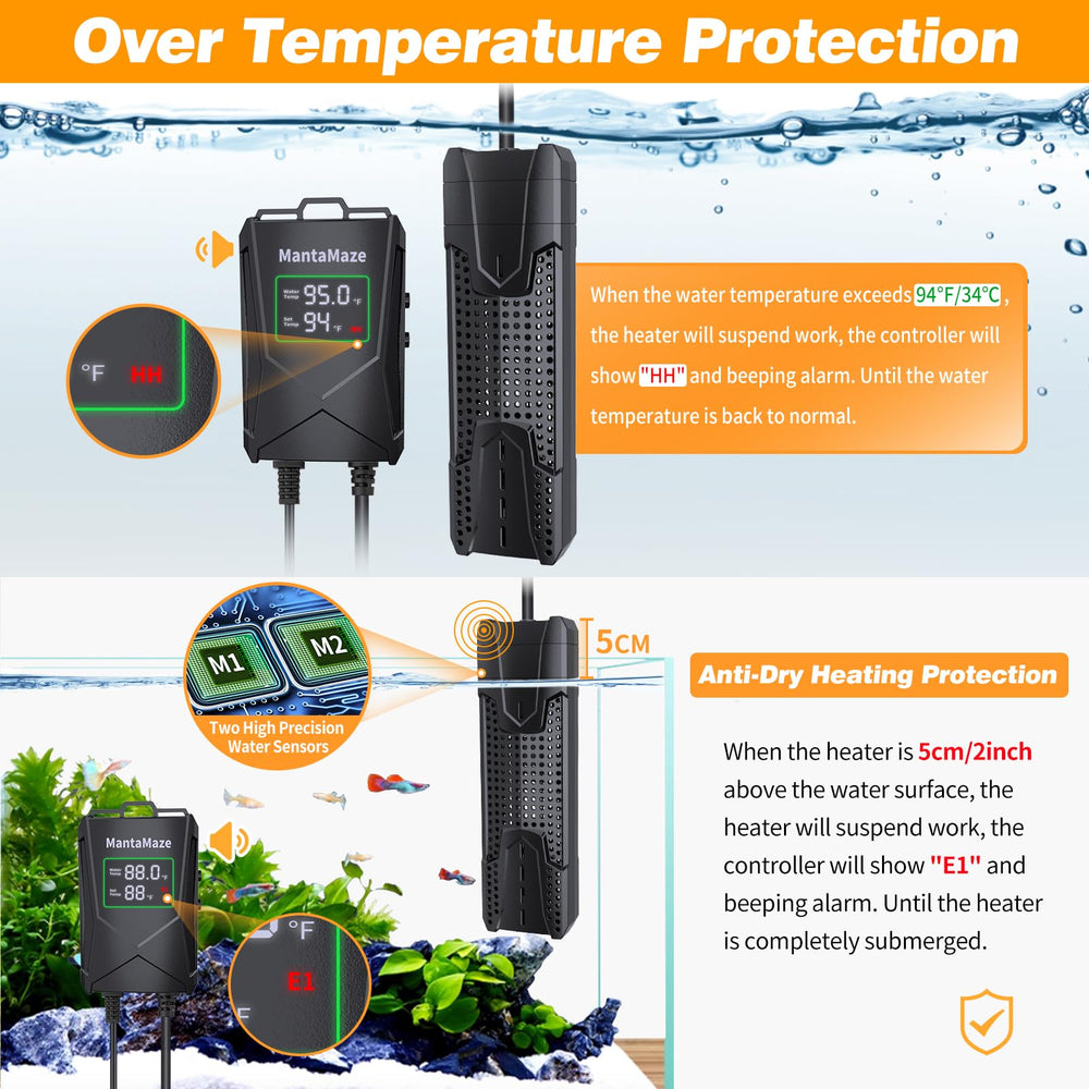 Calentador MantaMaze 500W con panel externo para ajuste cómodo fuera del agua.
