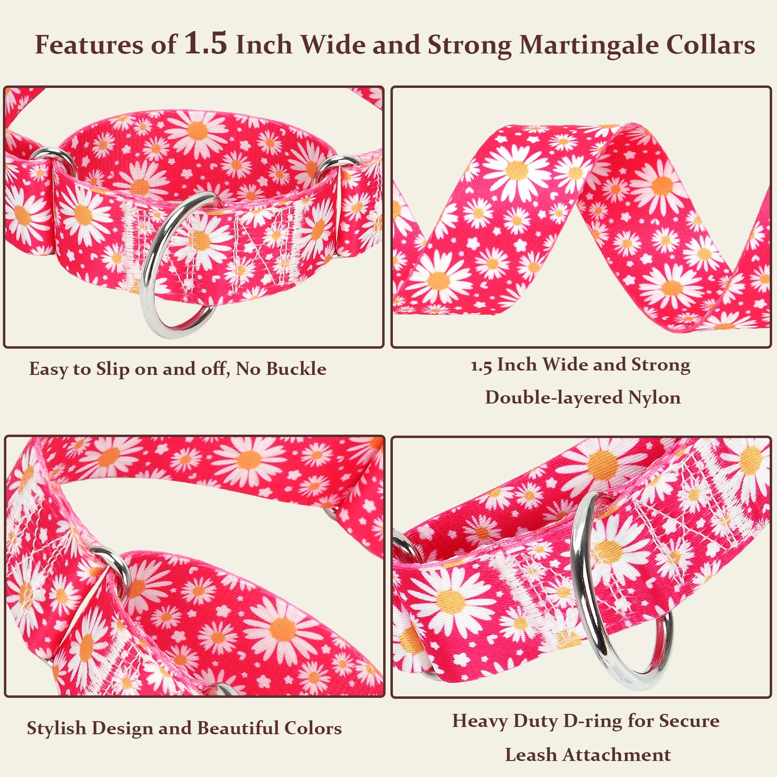 MAOWUWUJOZ collar martingale daisy rosa fucsia, cierre resistente ideal para entrenamiento diario.