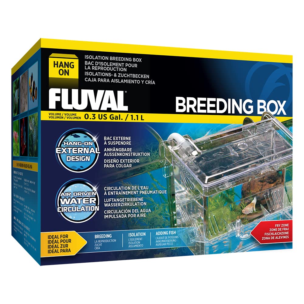 Marina Fluval Multi-Chamber colgado en el borde, aislando peces para cría.