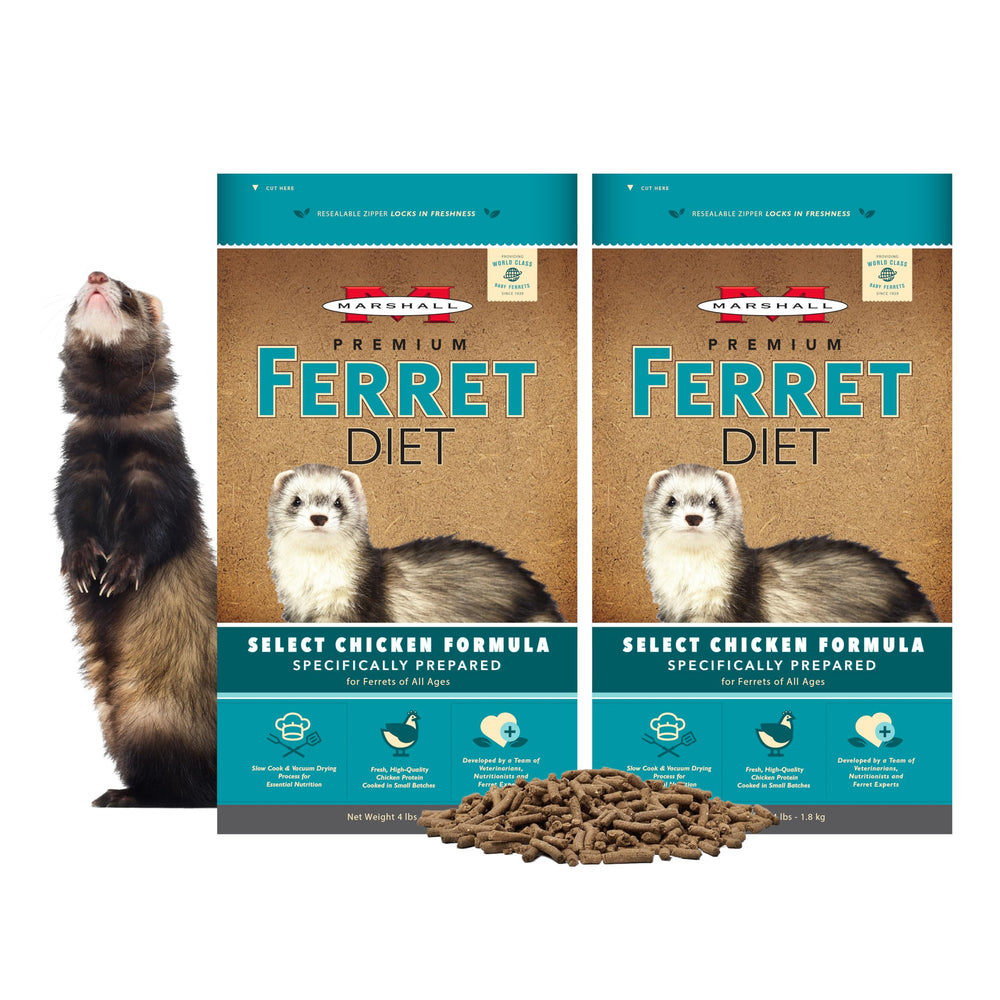 Marshall Pet Products Select Chicken Ferret Diet envase, fácil de almacenar y usar diariamente.
