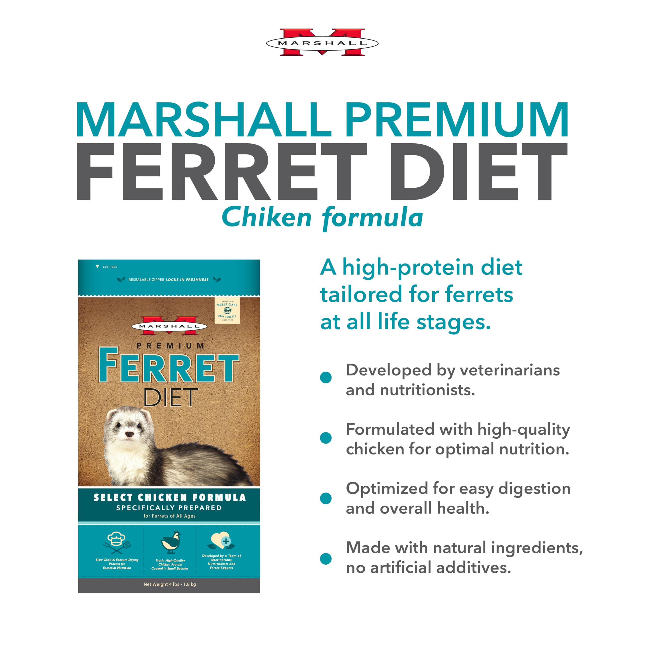 Marshall Pet Products Select Chicken Ferret Diet granulos, consistentes y sabrosos para la ingesta regular.