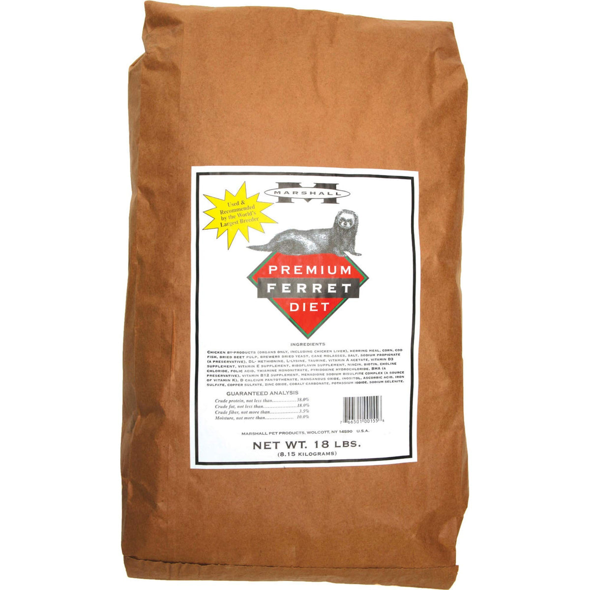 Marshall Premium Diet para hurones, bolsa de 18 libras, nutrición para todas las etapas.