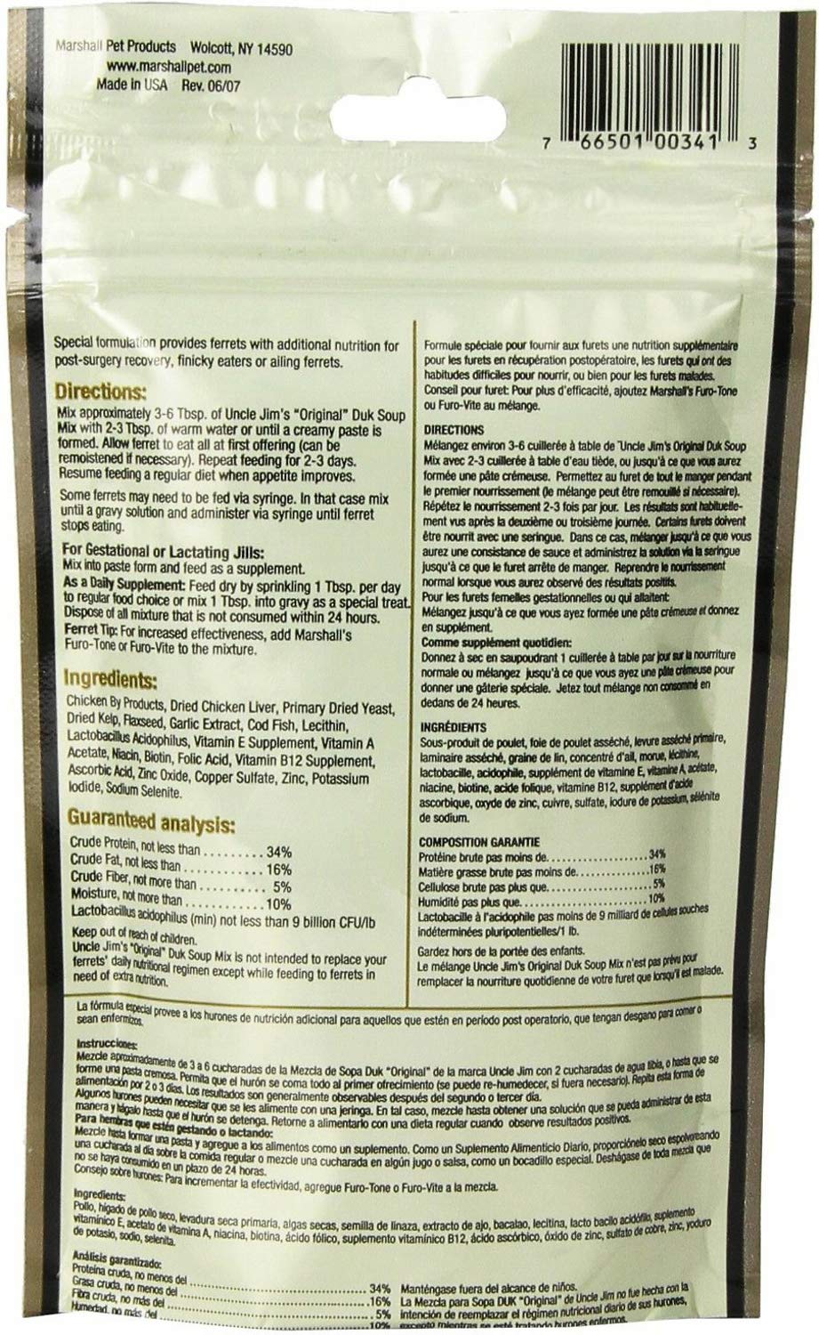 Marshall Uncle Jim's Duk Soup: ingredientes naturales para hurones.