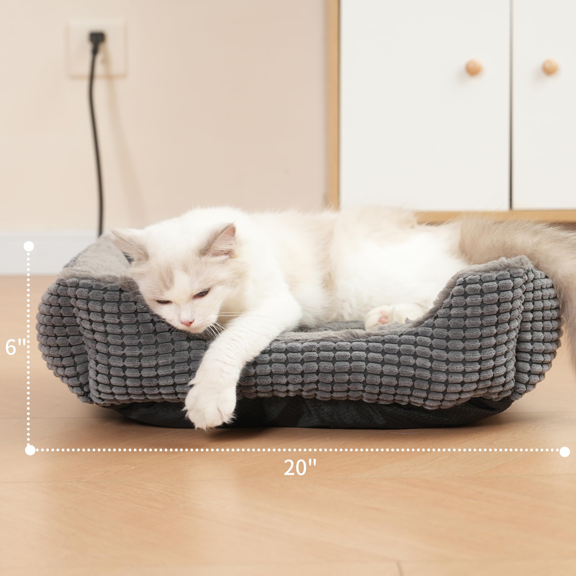 MARUNDA cama para gatos con tejido plush gris, textura suave y acogedora.