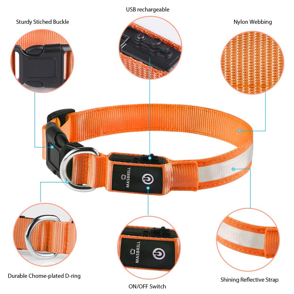 MASBRILL collar LED ofrece carga por USB para menos reemplazos y mayor conveniencia.